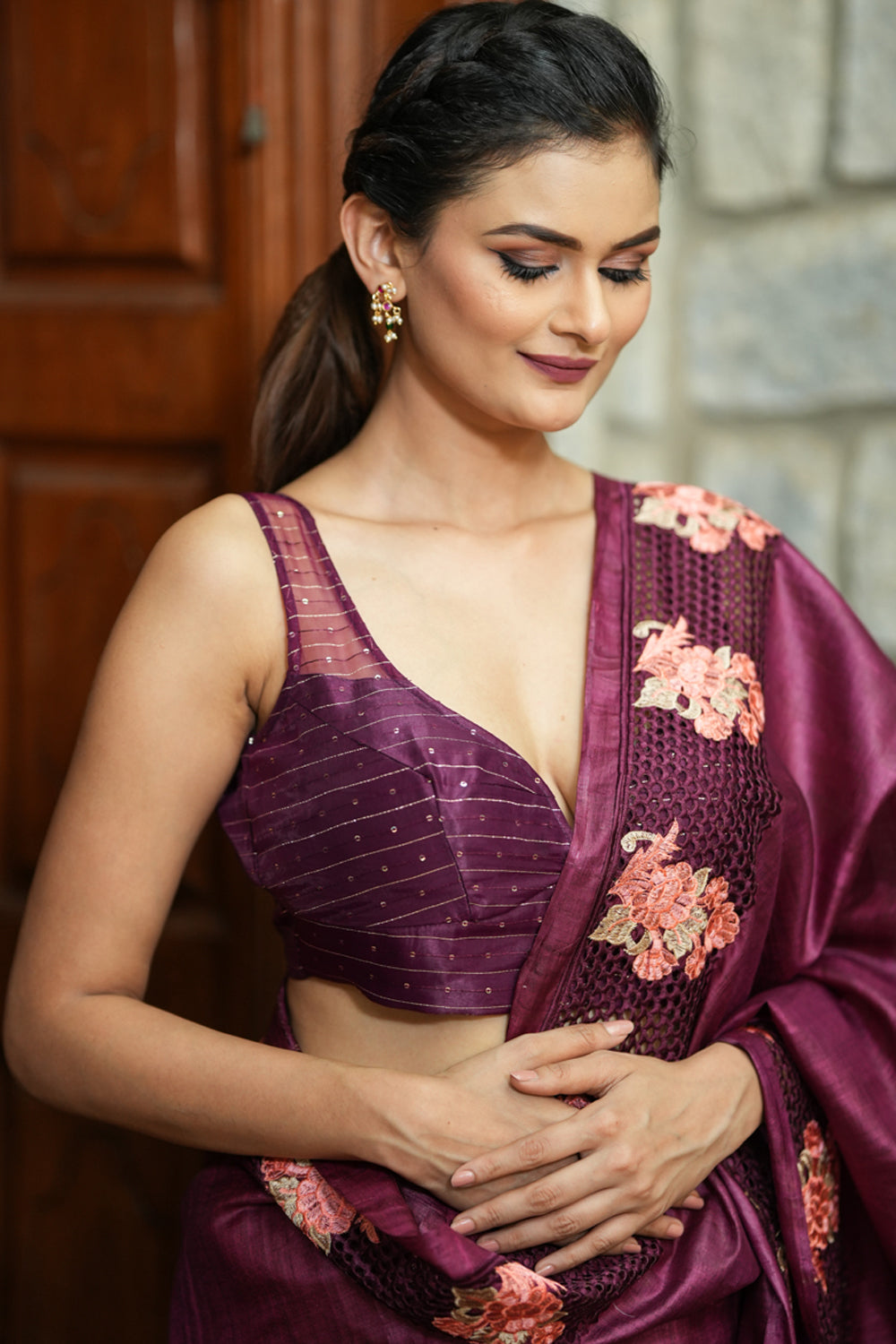Burgundy V neck sleeveless organza blouse with sheer yoke