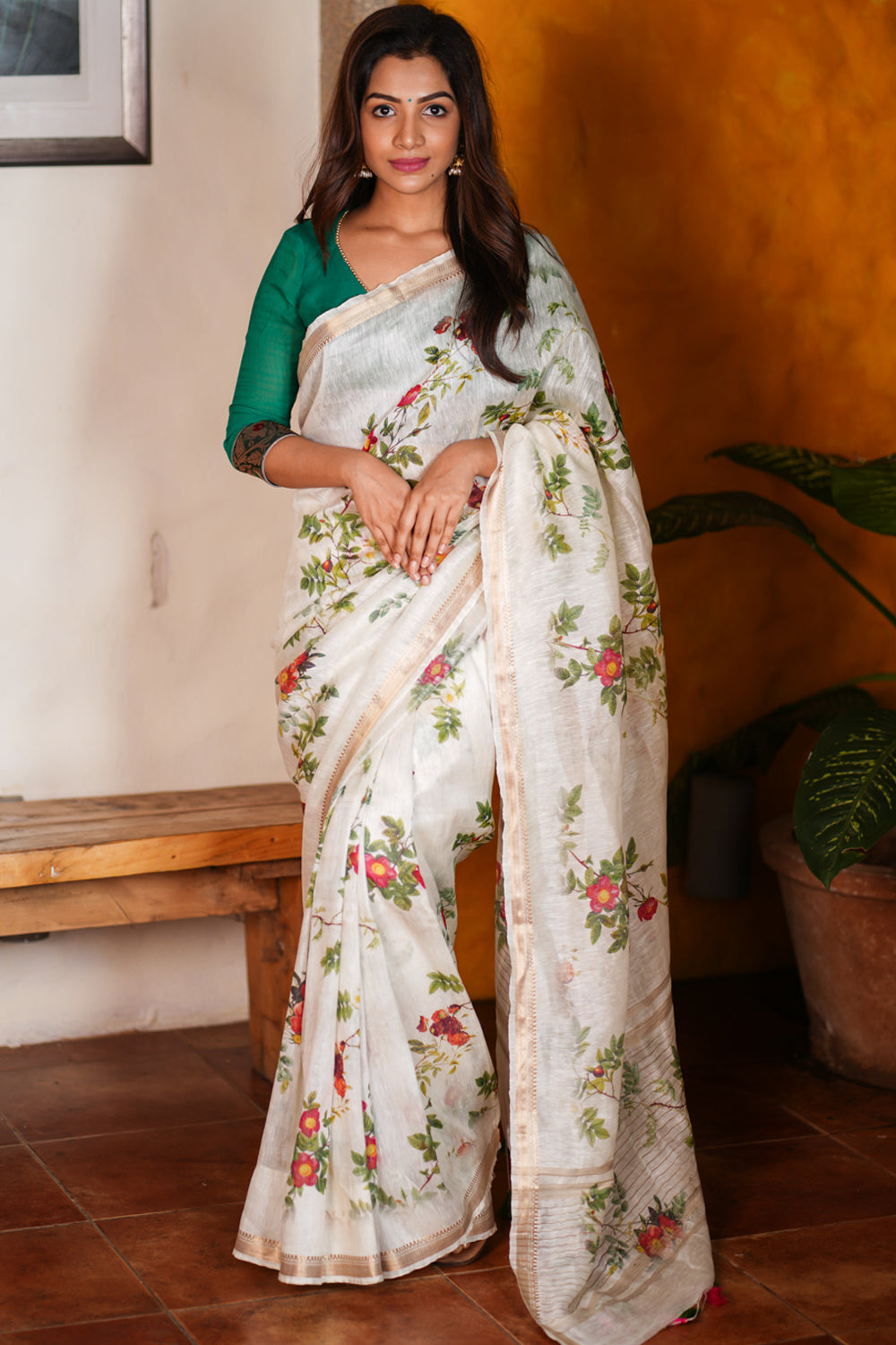 Off White Linen Saree with Floral Digital Print