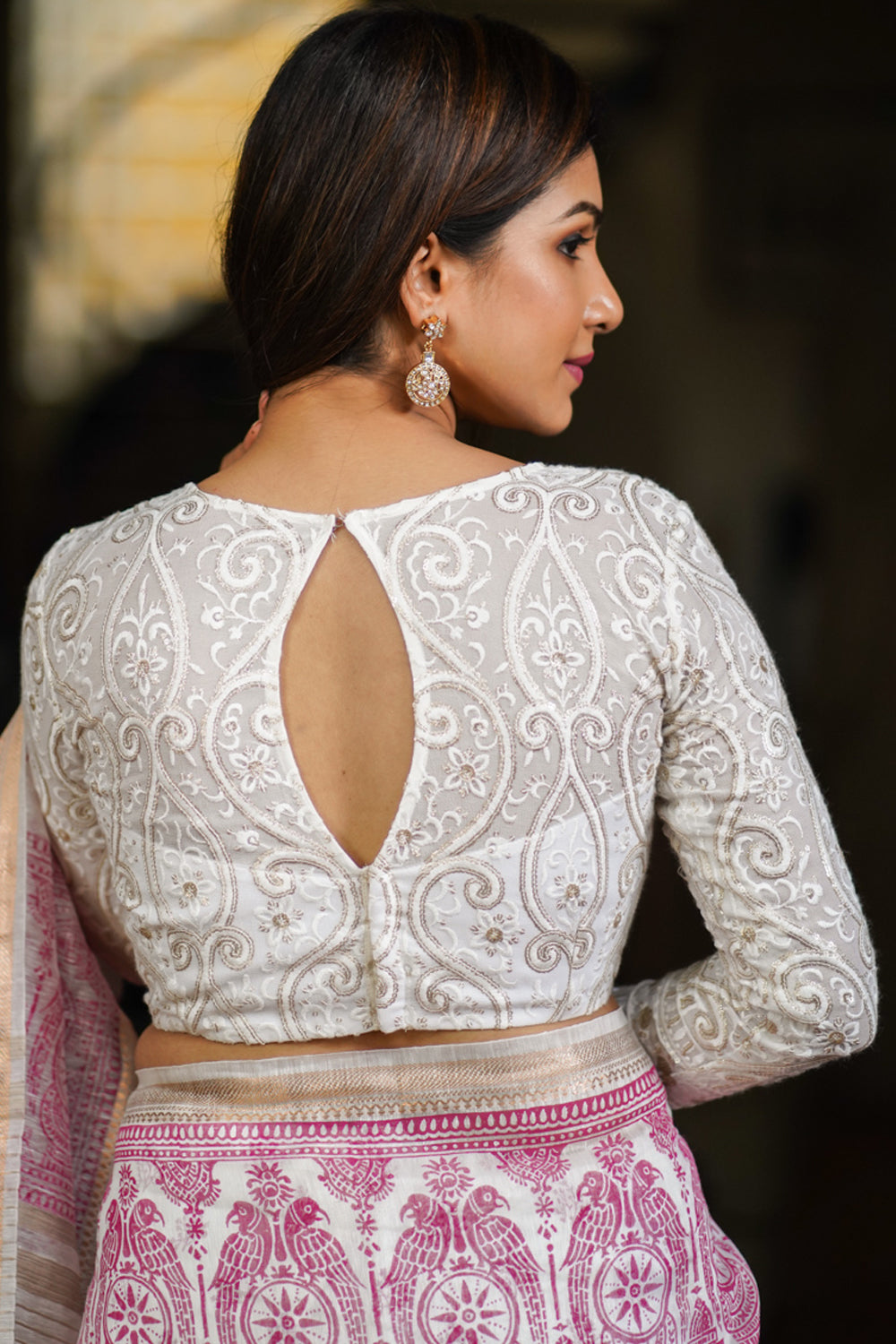 Chikankari style Full Jaal machine embroidered full sleeves blouse in Ivory Georgette with Gold tone highlights