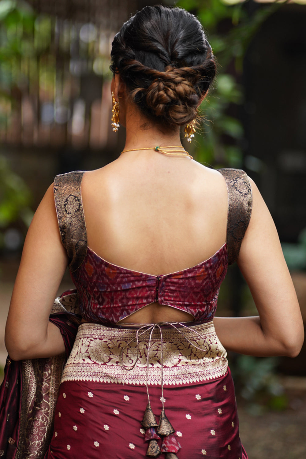 Pure Raw Silk with Ikkat weave and Banarasi pure silk brocade Blouse in maroon and Black