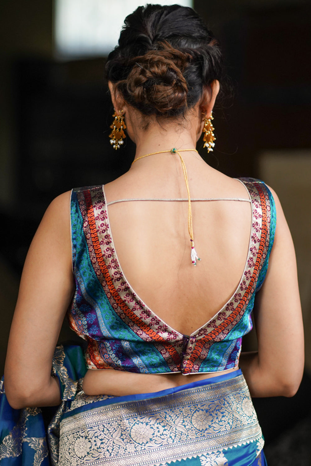Multicolor Brocade Banarasi Sleeveless Blouse with Plunge Neck
