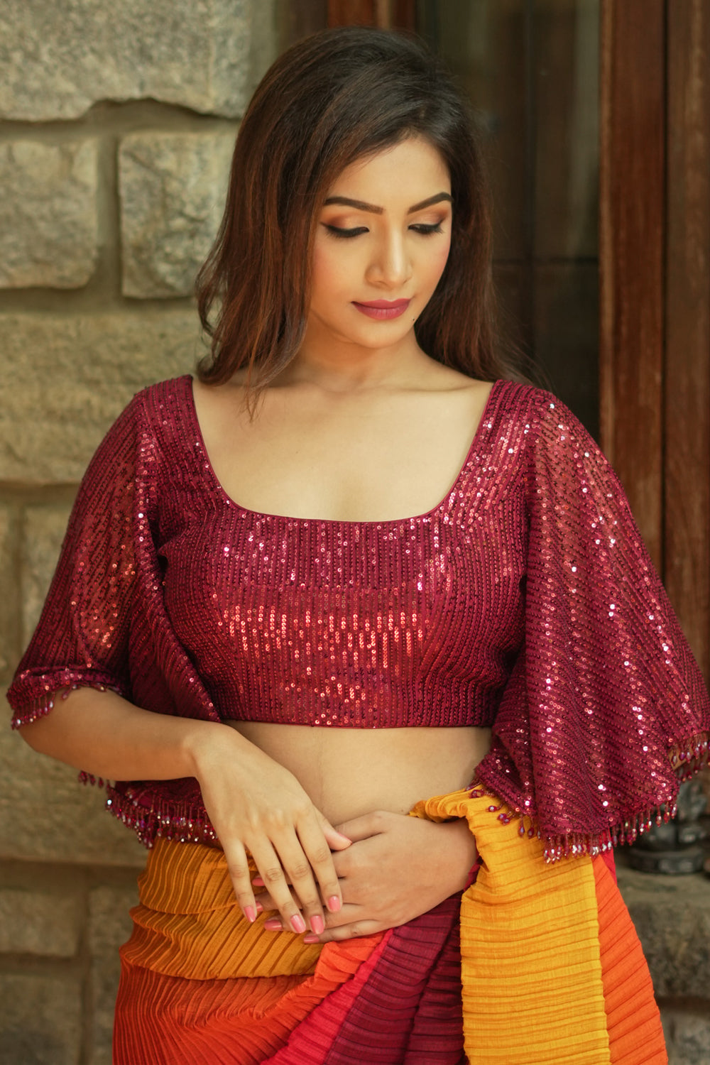 Maroon sequin U neck blouse with butterfly sleeves