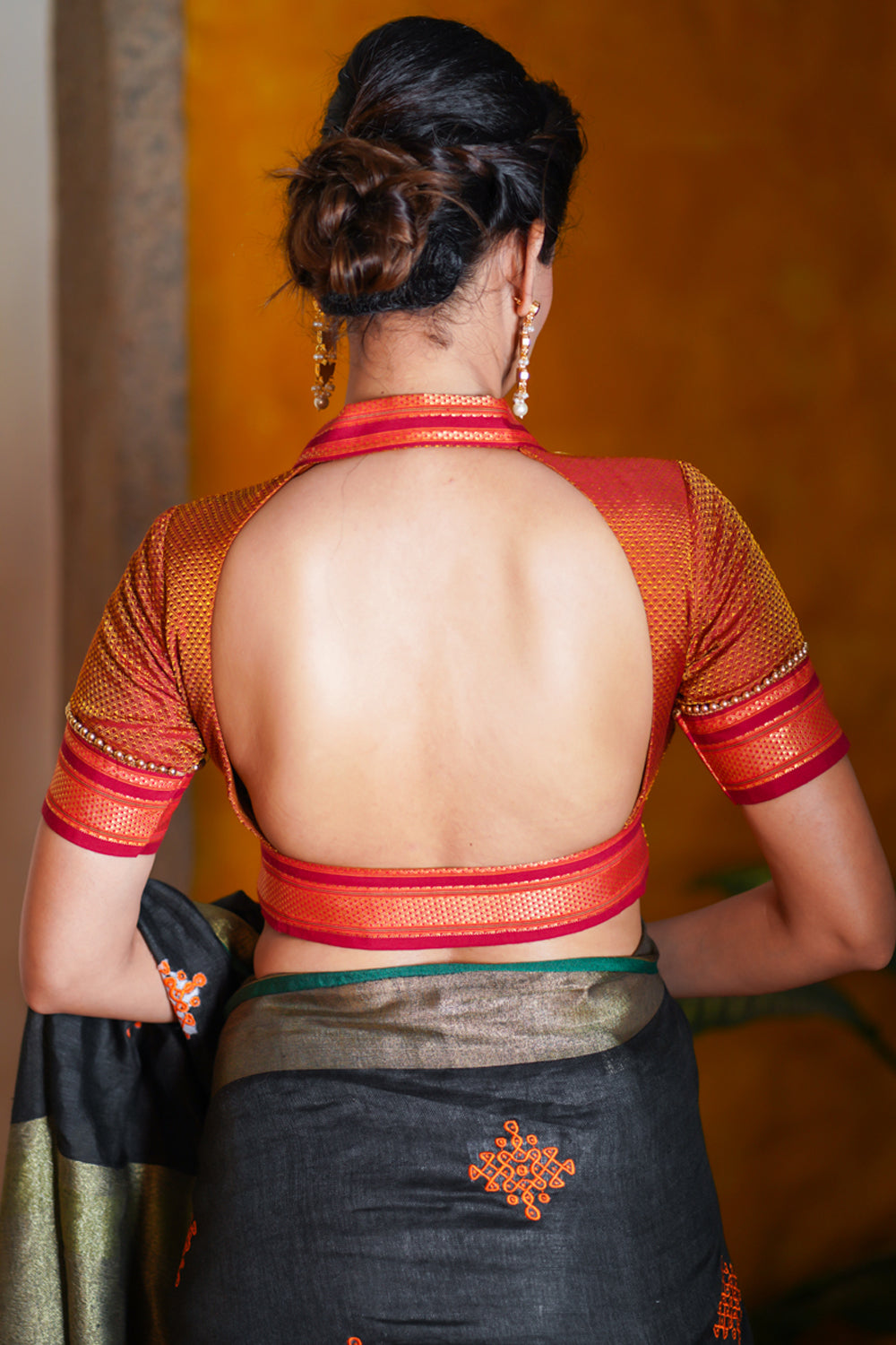 Rust Orange khana silk Collar neck blouse with Cutout back