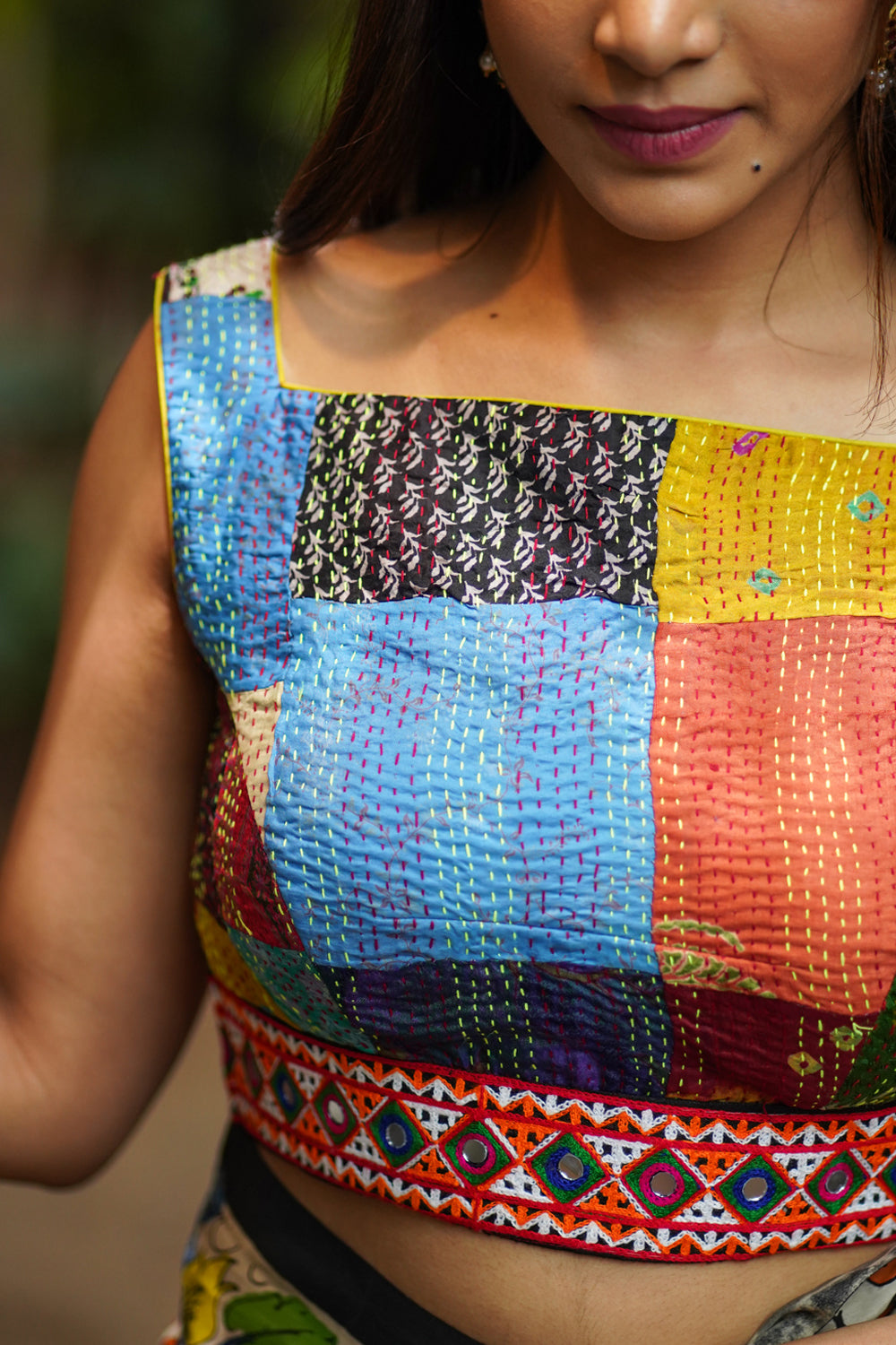 Kantha Patch Work Multicolor Square Neck Cotton Blouse with Kutch Embroidery detailing
