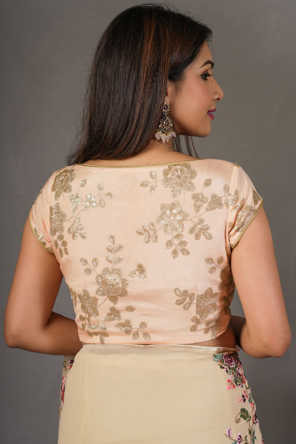 Pale peach  chinon crepe embroidered  sweetheart neck blouse