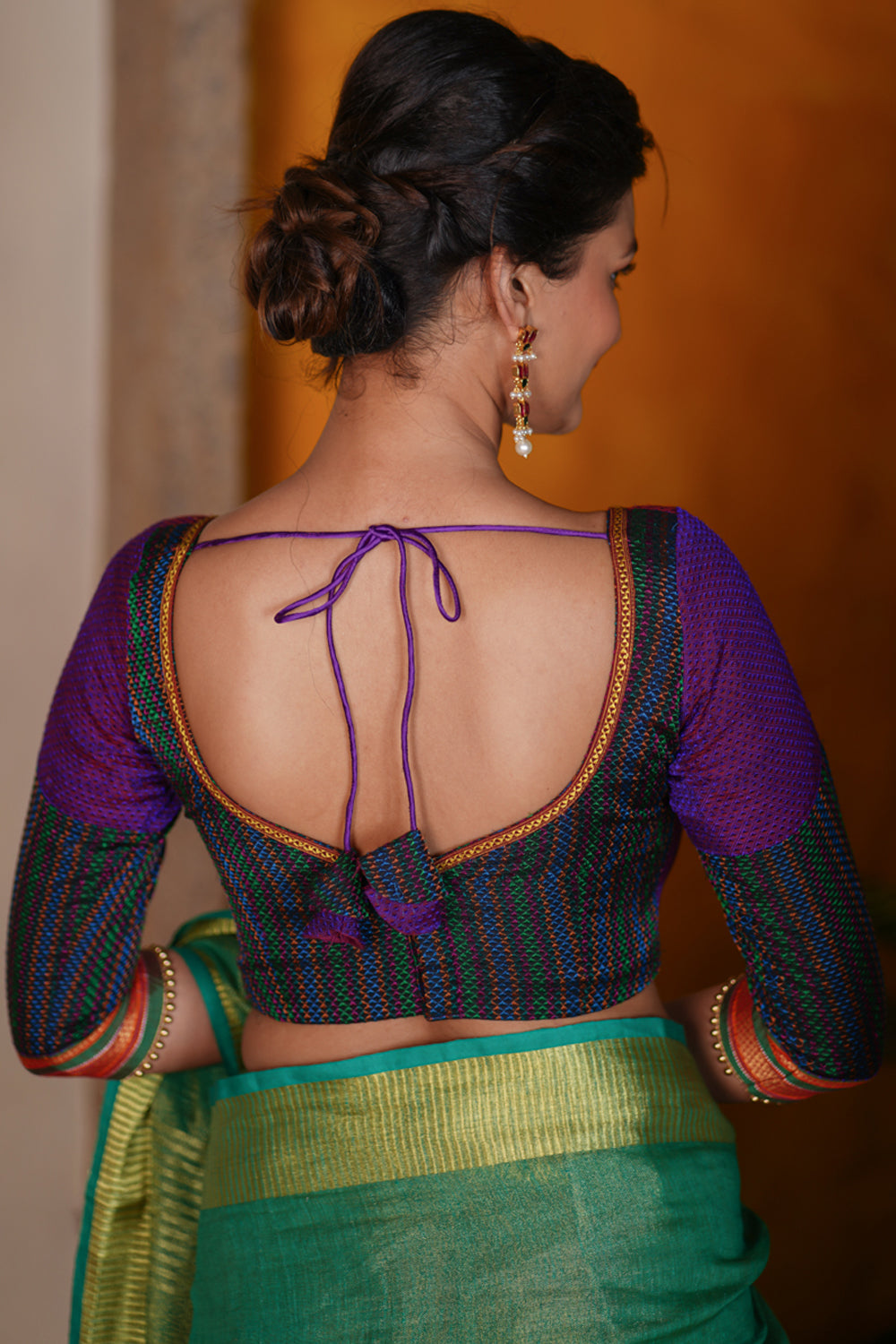 Purple khun silk Sweetheart neck blouse with striped pattern and curved base