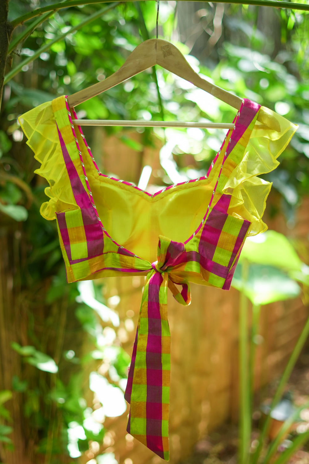 Sunshine Yellow Pink Checked Pure Raw Silk Sweetheart neck blouse