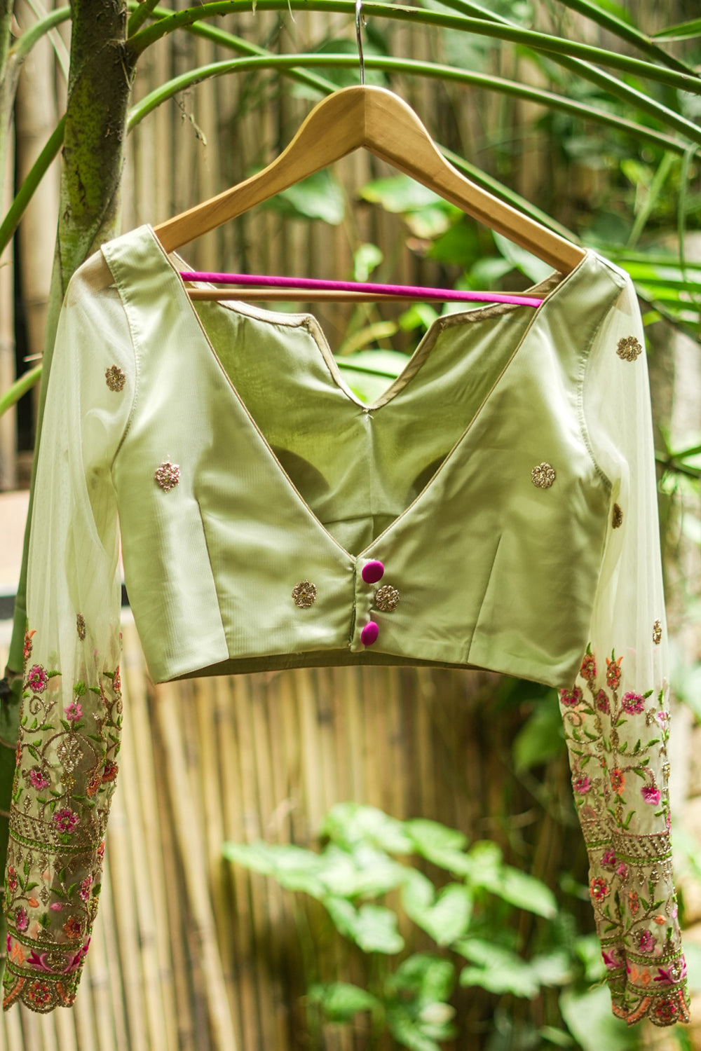 Pista green full sleeves net boatneck blouse