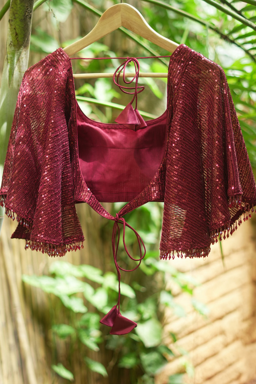 Maroon sequin U neck blouse with butterfly sleeves