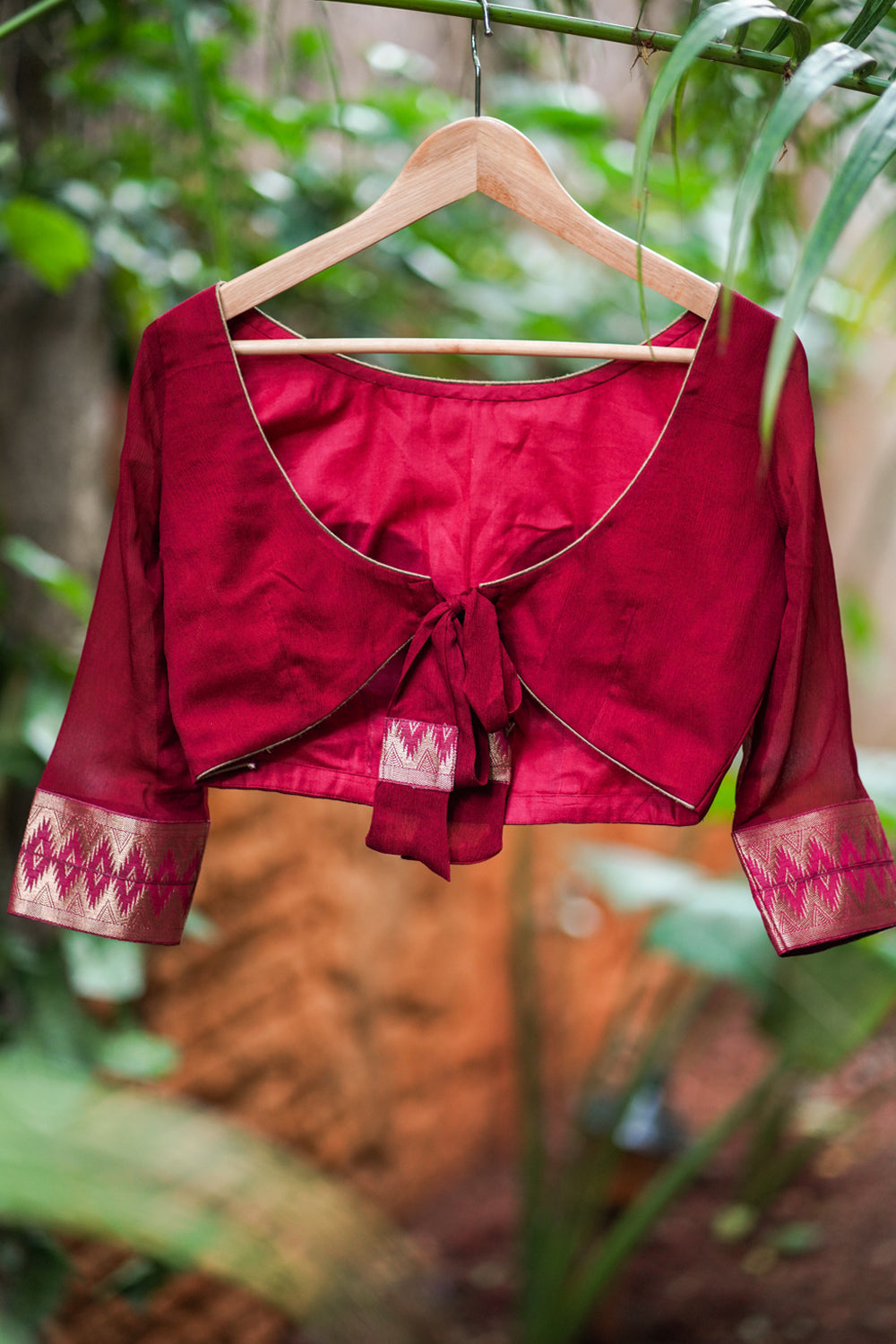 Maroon Boatneck Blouse in Chiffon with zari detailing