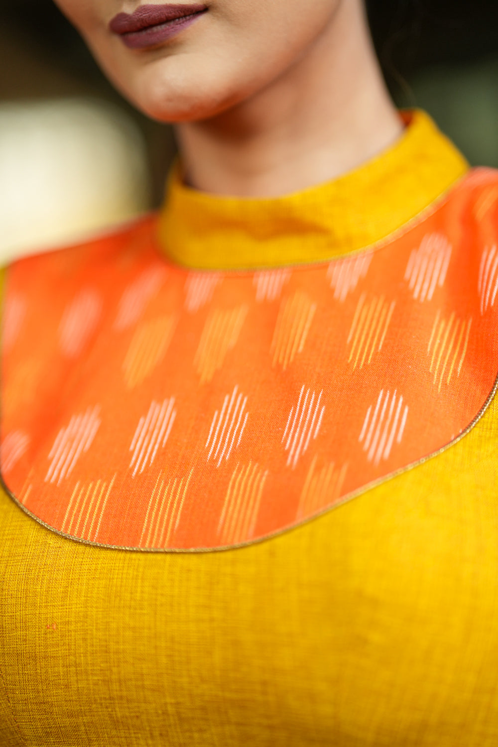Tangerine and cyber yellow handloom chinese collar blouse with border detailing