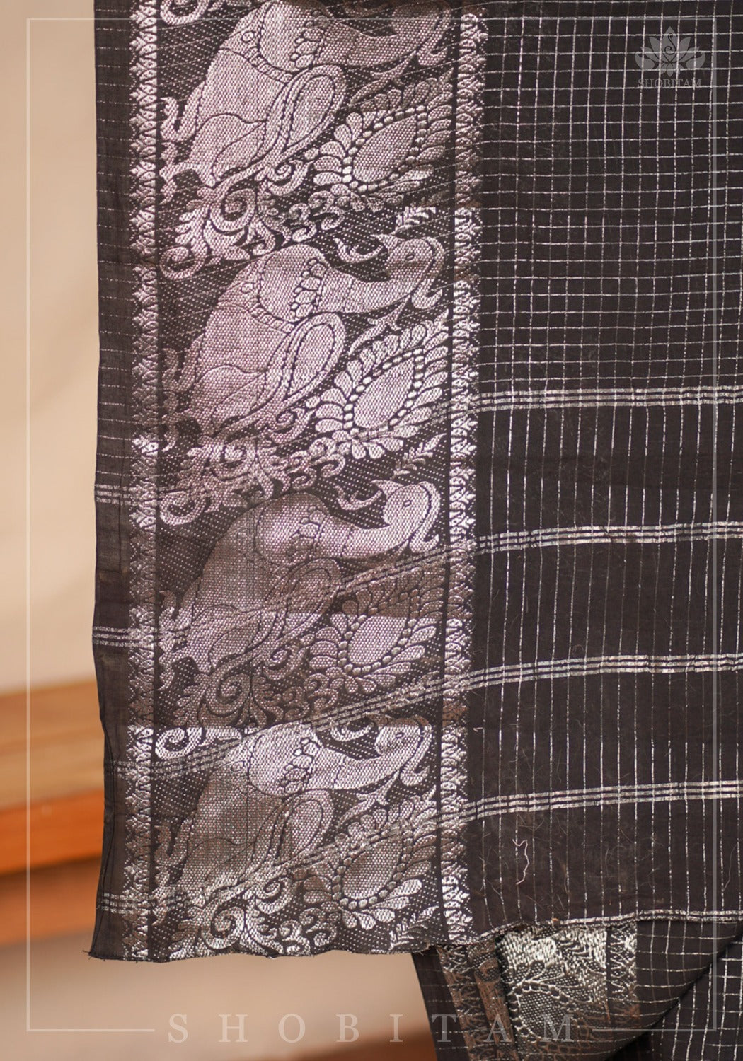 Black Madurai Cotton saree with Wide Silver Zari Border