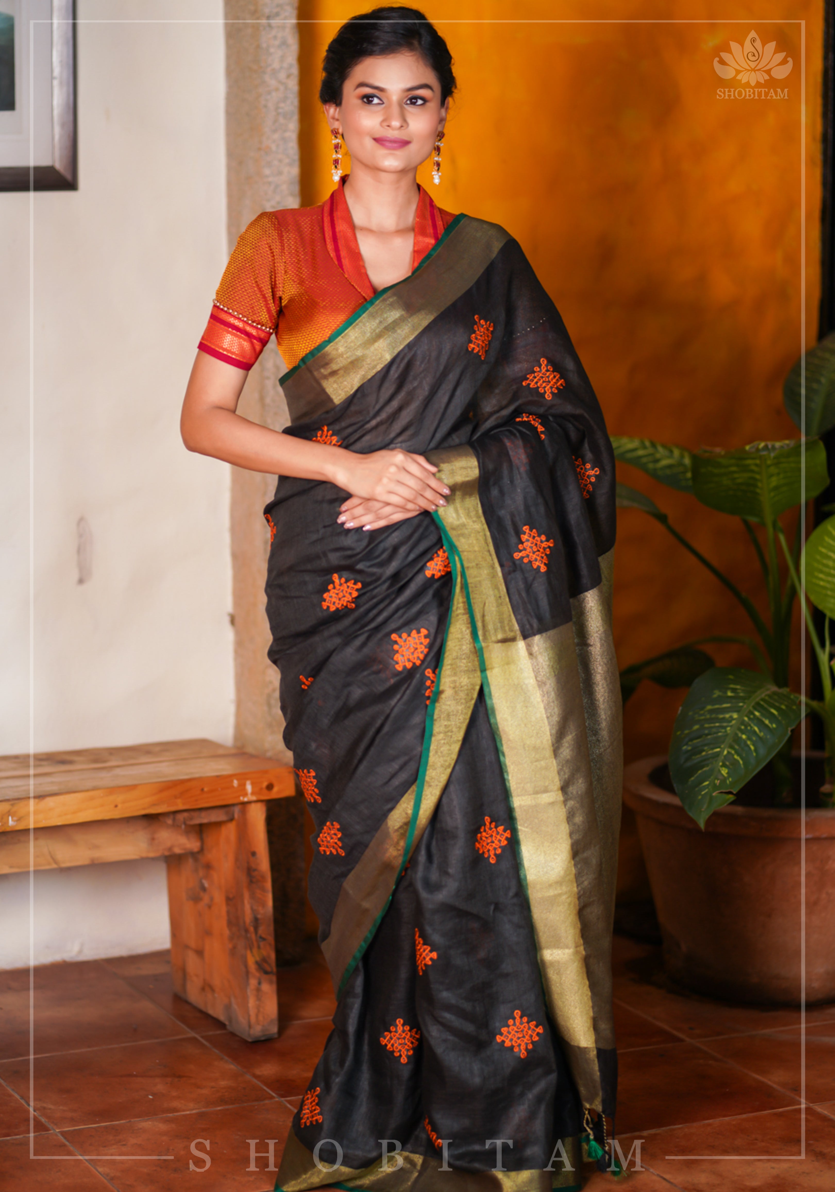 Black Linen by Linen Saree with Vermillion Rangoli Embroidery