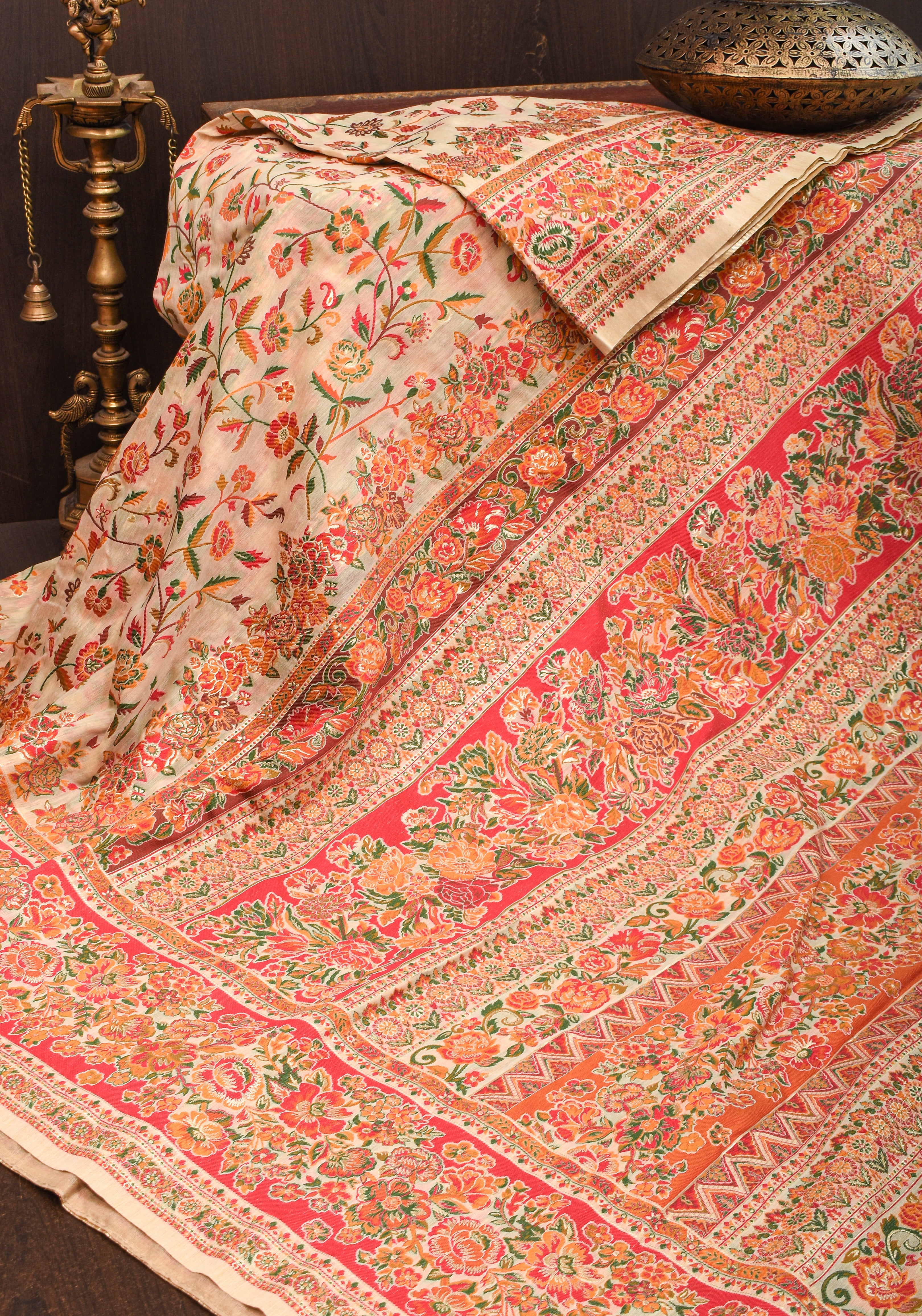 Floral Motifs Woven Saree in Cream and Red