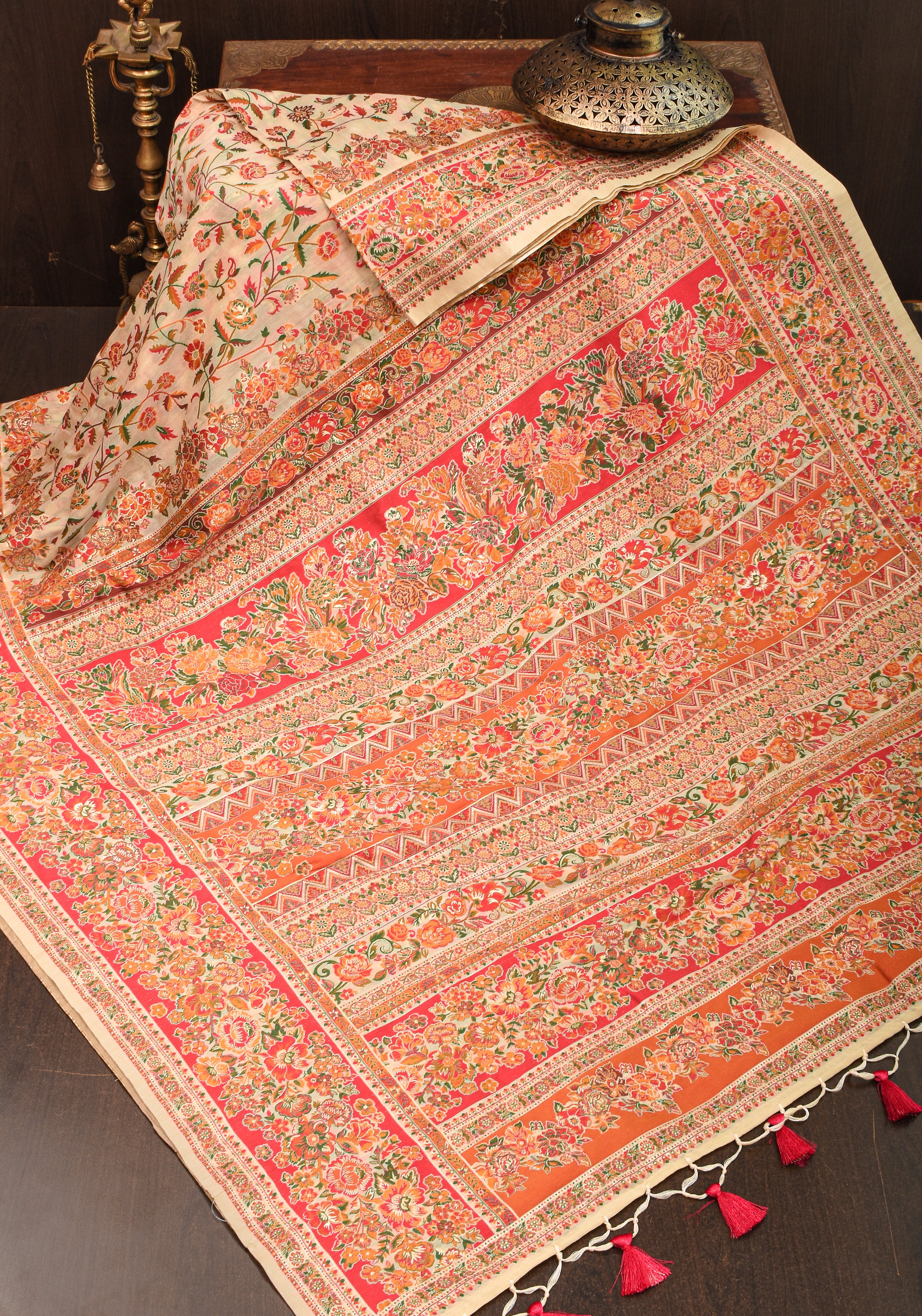 Floral Motifs Woven Saree in Cream and Red