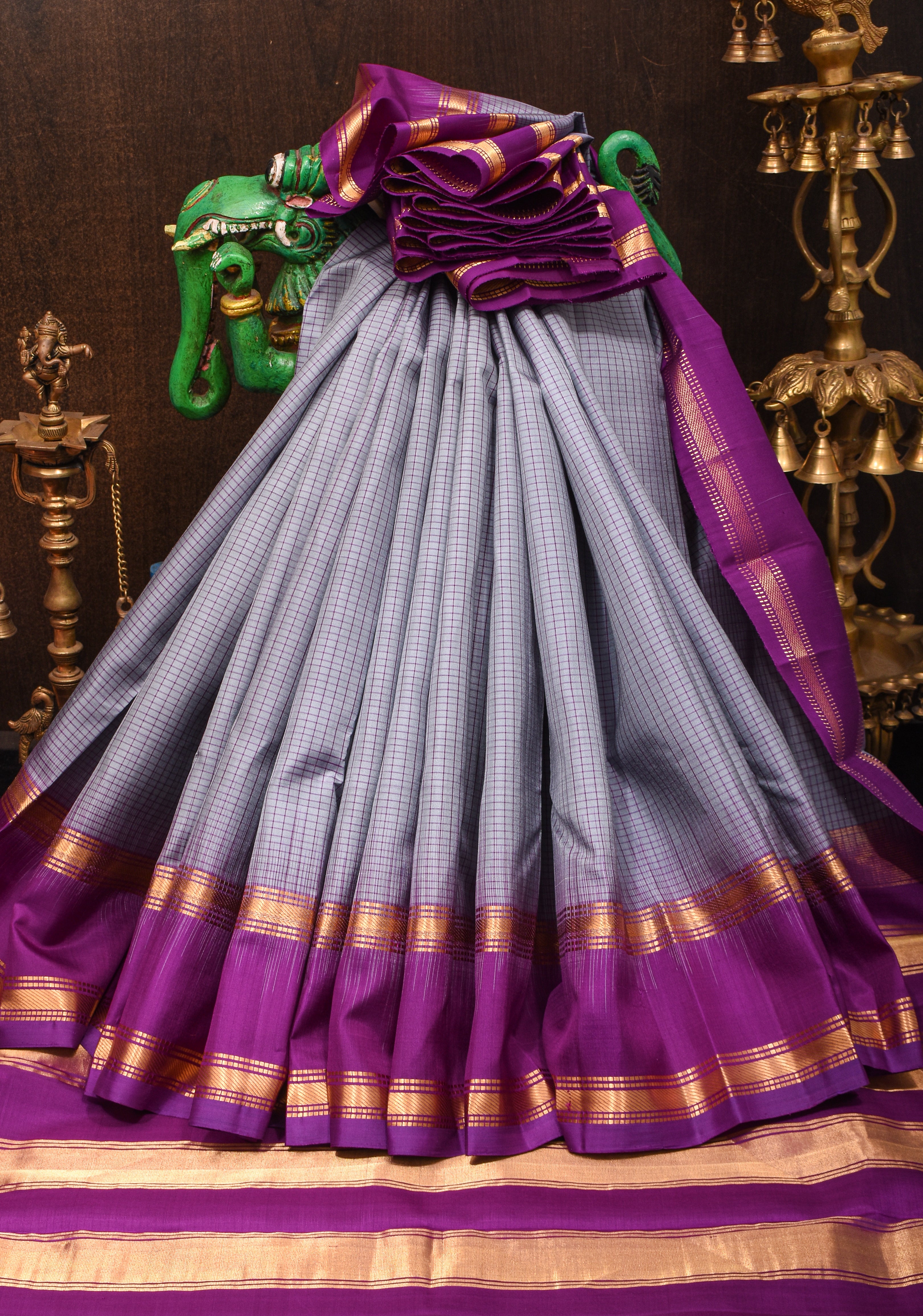 Gray Pure Kanjeevaram Soft Silk Saree with Checks and Contrast Purple Stack Border | SILK MARK CERTIFIED