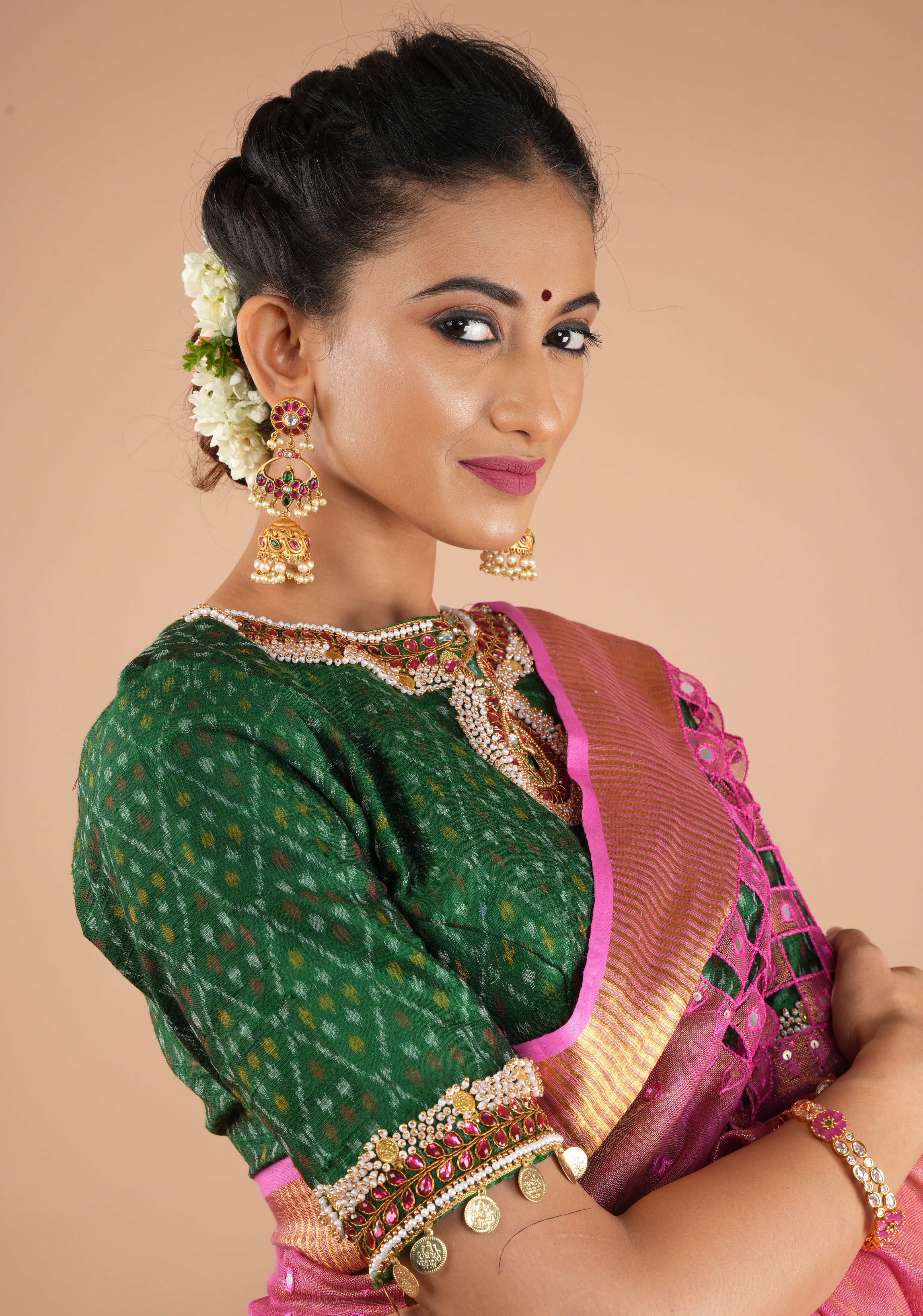 Green Ikkat Pure Raw Silk Blouse with Kemp and Moti Necklace and Bajuband design Handwork, Made to Order, Customizable