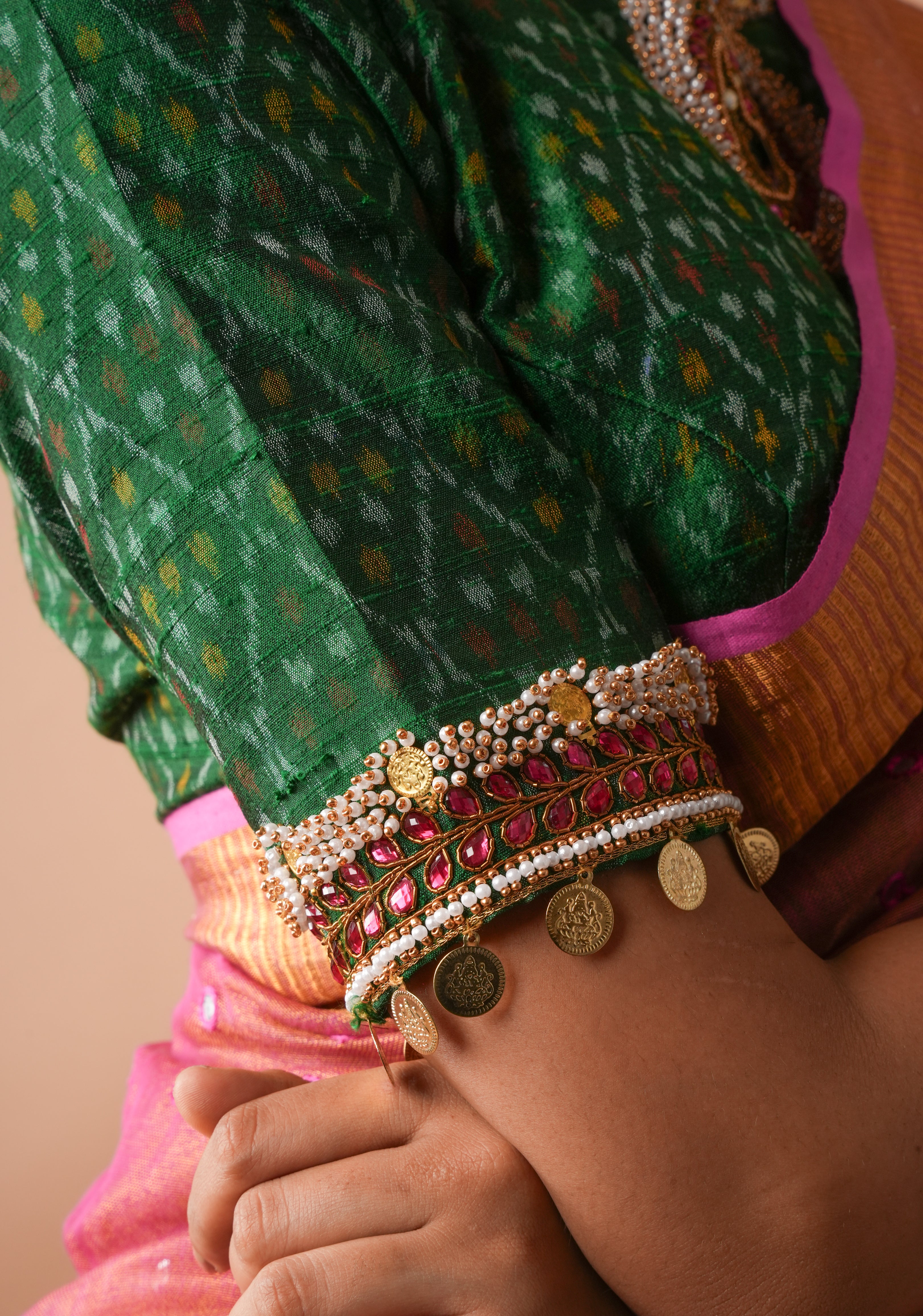 Green Ikkat Pure Raw Silk Blouse with Kemp and Moti Necklace and Bajuband design Handwork, Made to Order, Customizable