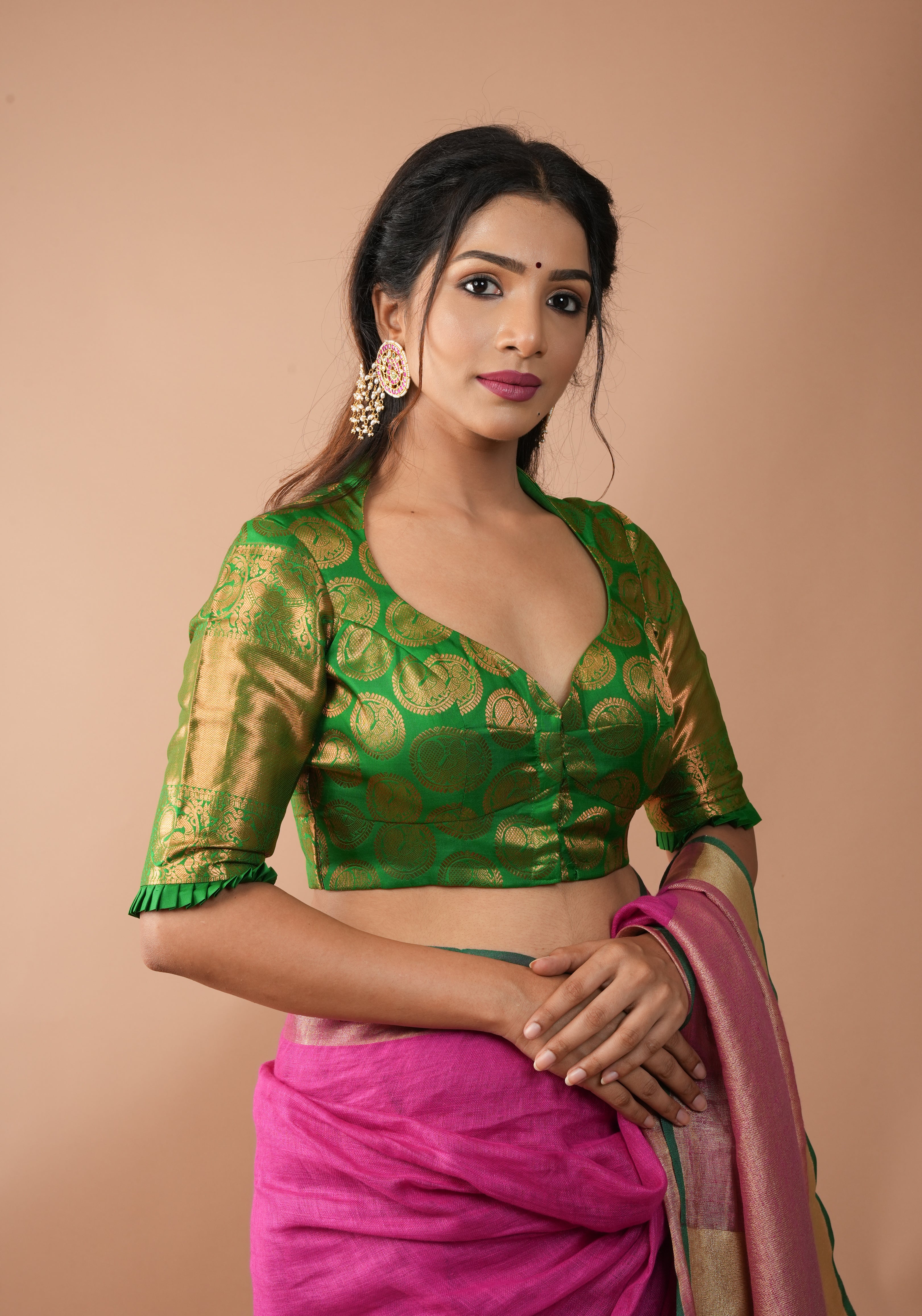 Leaf Green Pure Silk Kanjivaram Brocade Blouse with rising sun cutout and Potli Button detailing,  Made to Order, Customization
