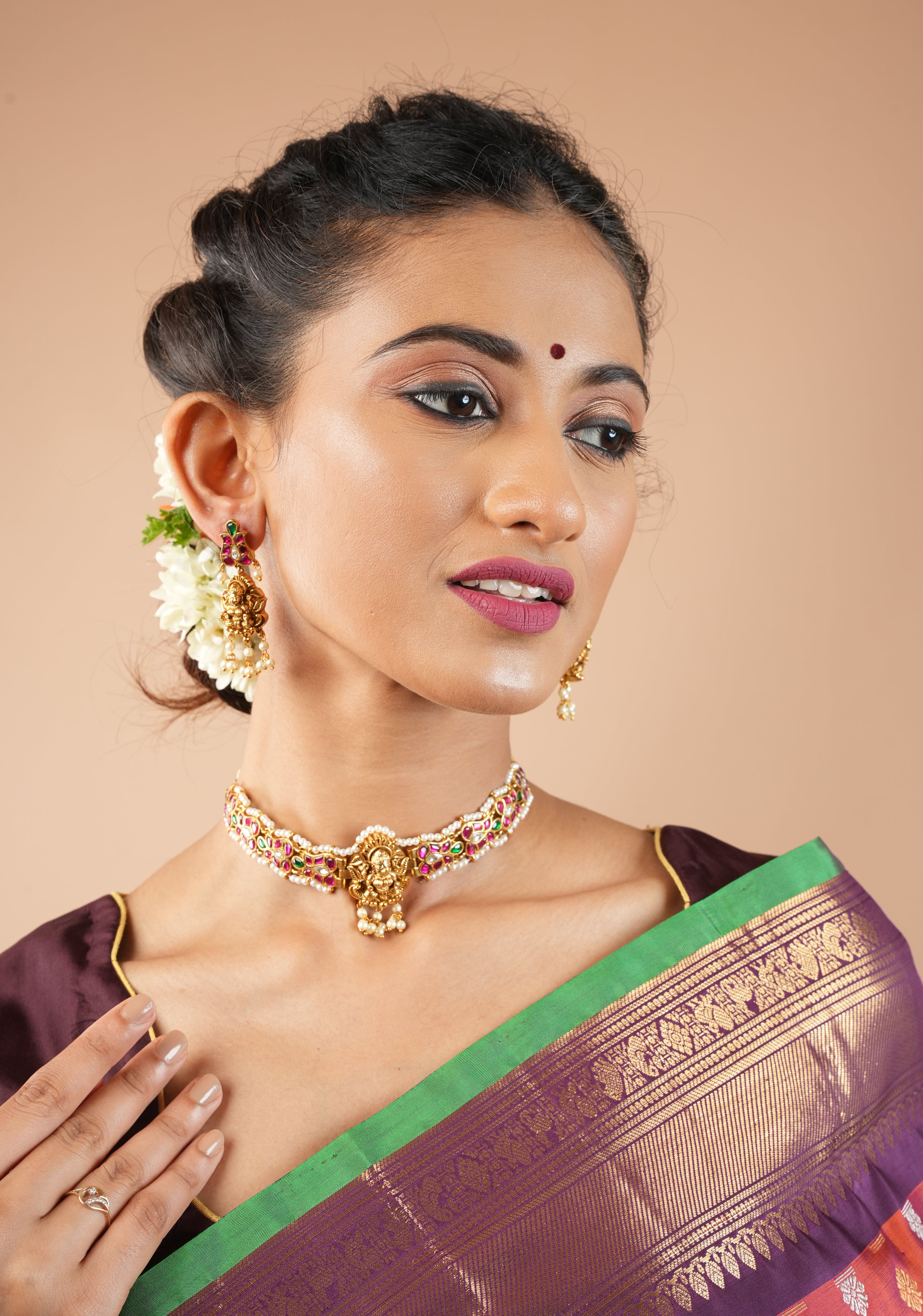 Lakshmi Nagas in Antique Gold and Jadau Fusion Choker and earrings set