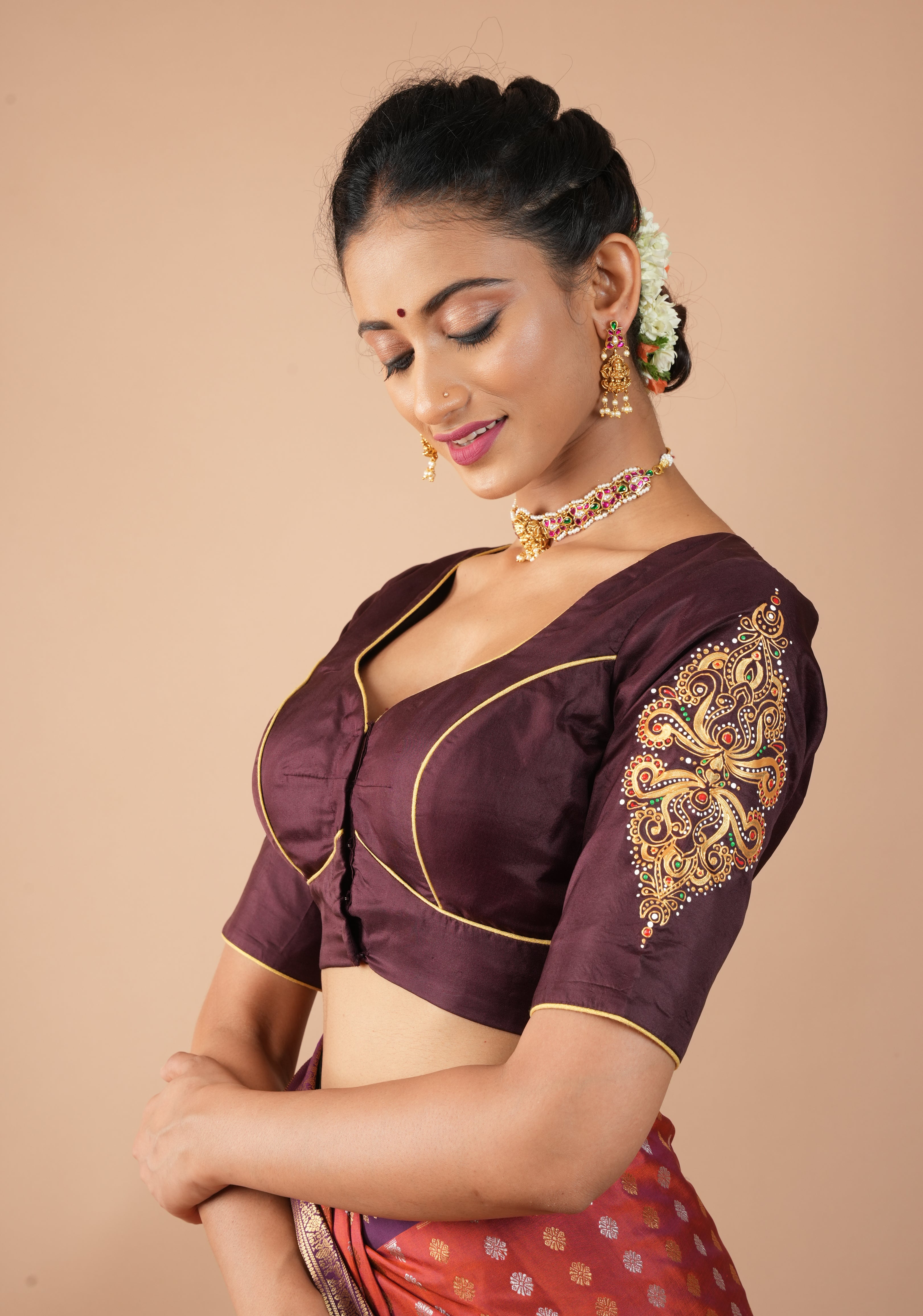 Brown Pure Silk Blouse with 3D Tanjore Art Damansk Motif on Sleeves and Arch Cutout back, Color Customization available, made to order
