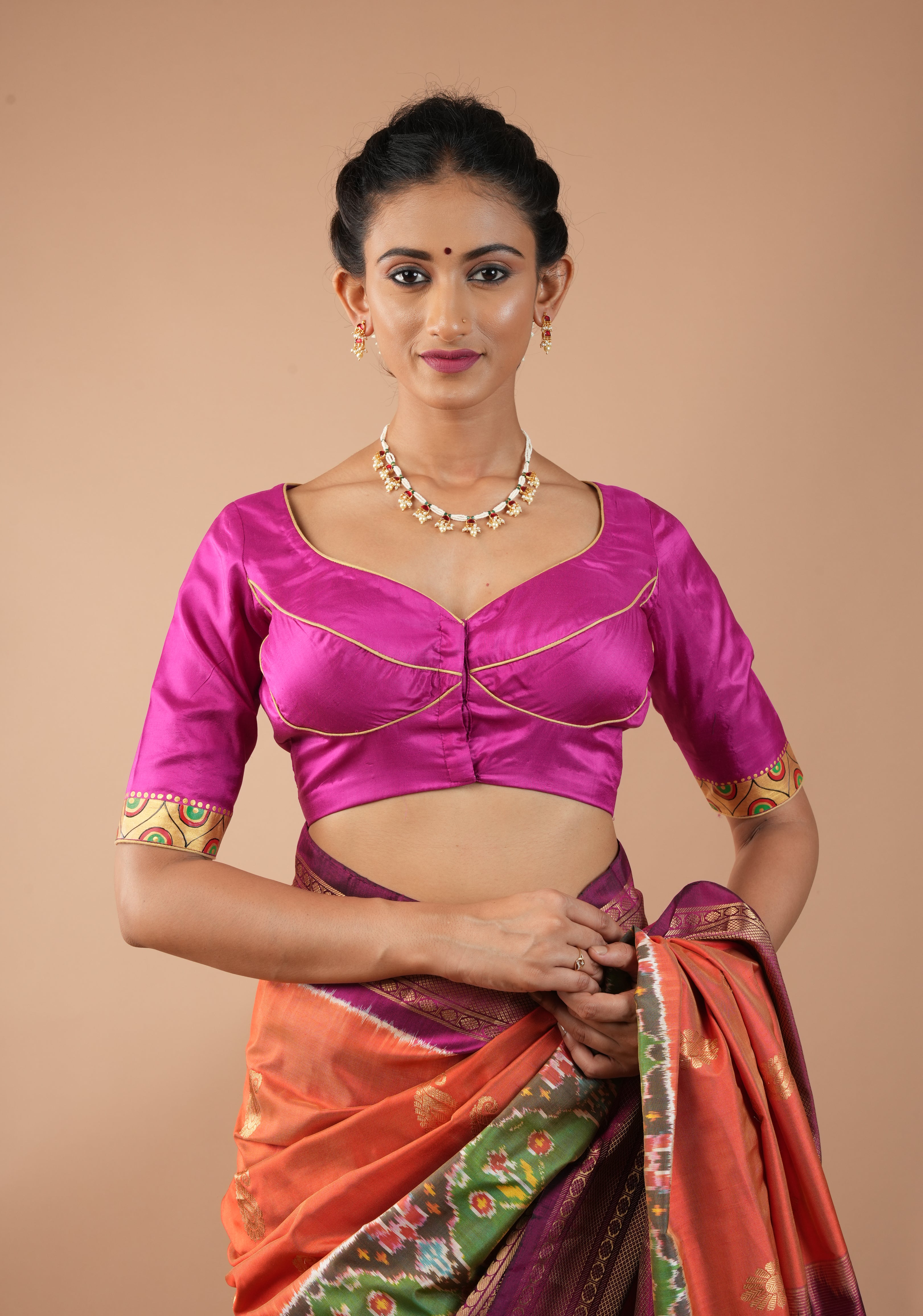 Magnificent Durga Face Tanjore Style Painting on Fuchsia Pure Silk Blouse, Customizable, Made to Order