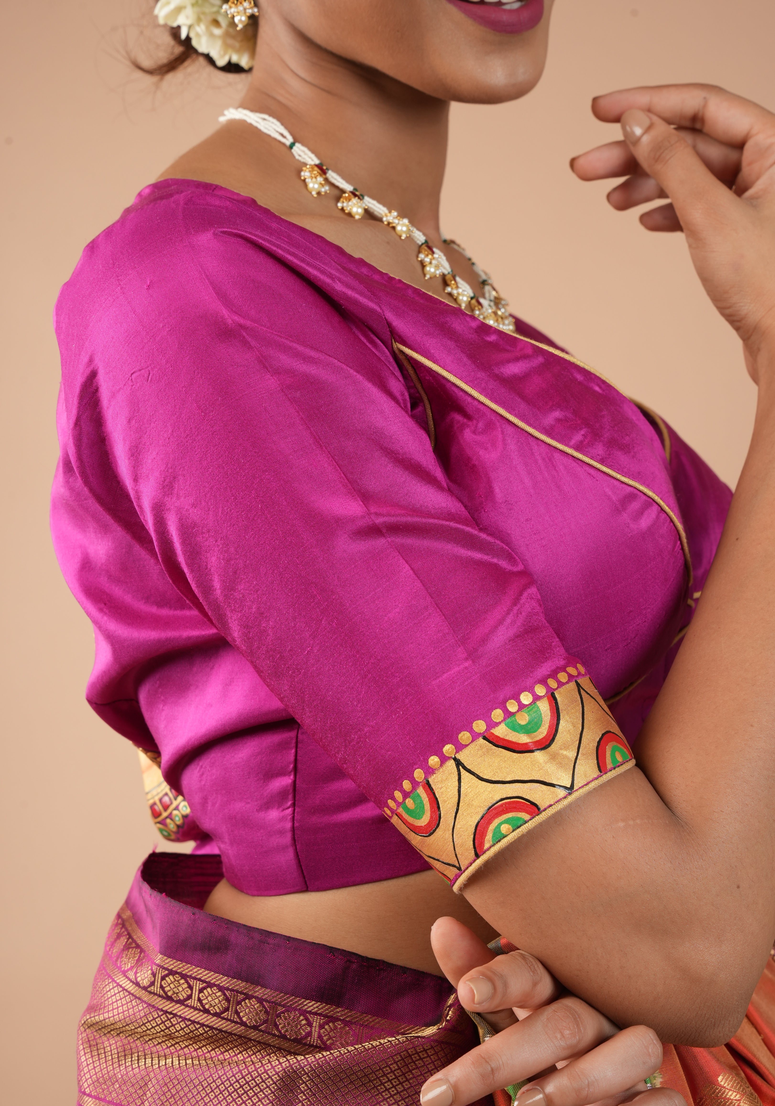 Magnificent Durga Face Tanjore Style Painting on Fuchsia Pure Silk Blouse, Customizable, Made to Order