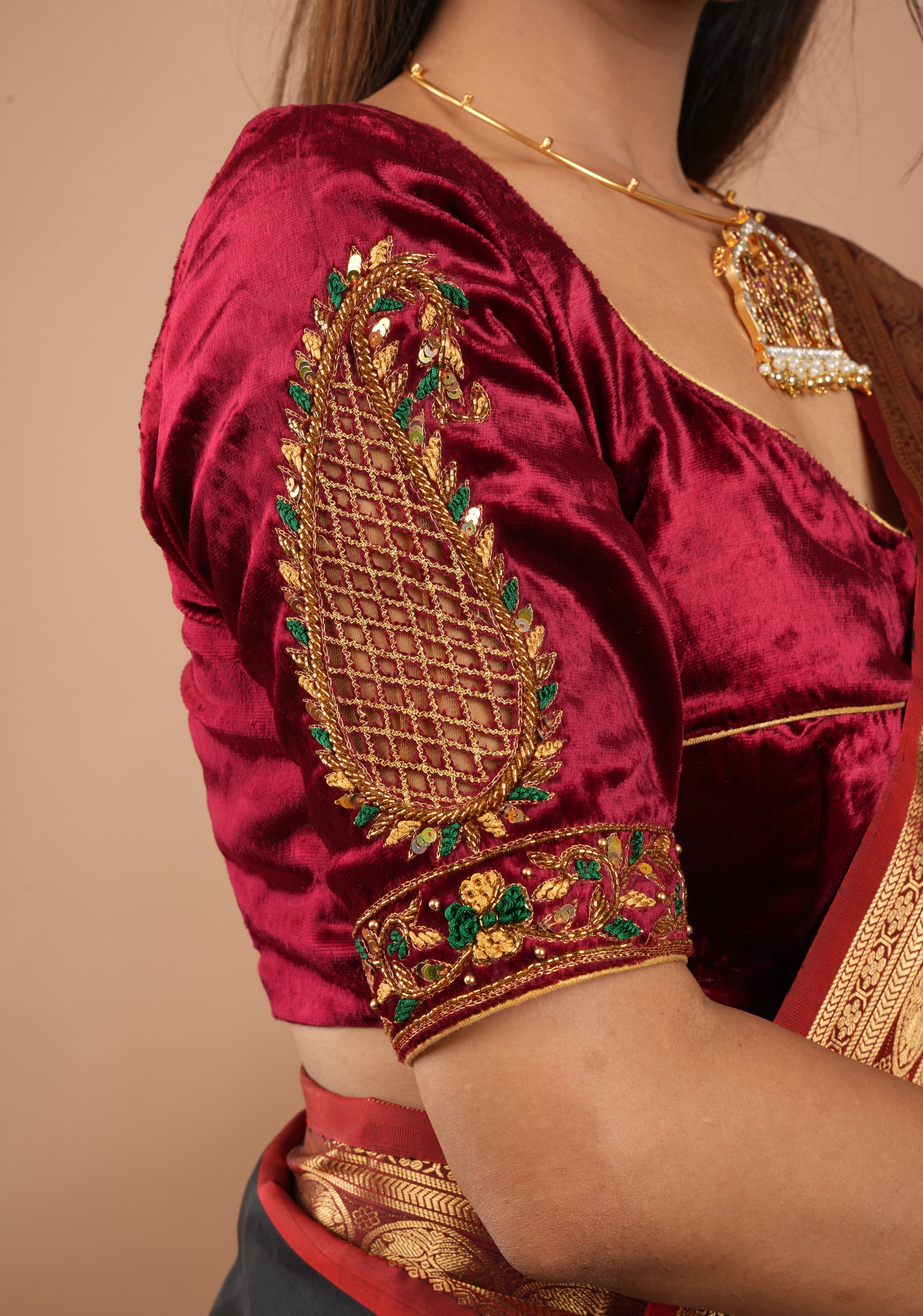Exquisite Maroon Velvet Blouse with Handmade Cutwork and Zardosi and Meenakari, Customizable, Made to Order