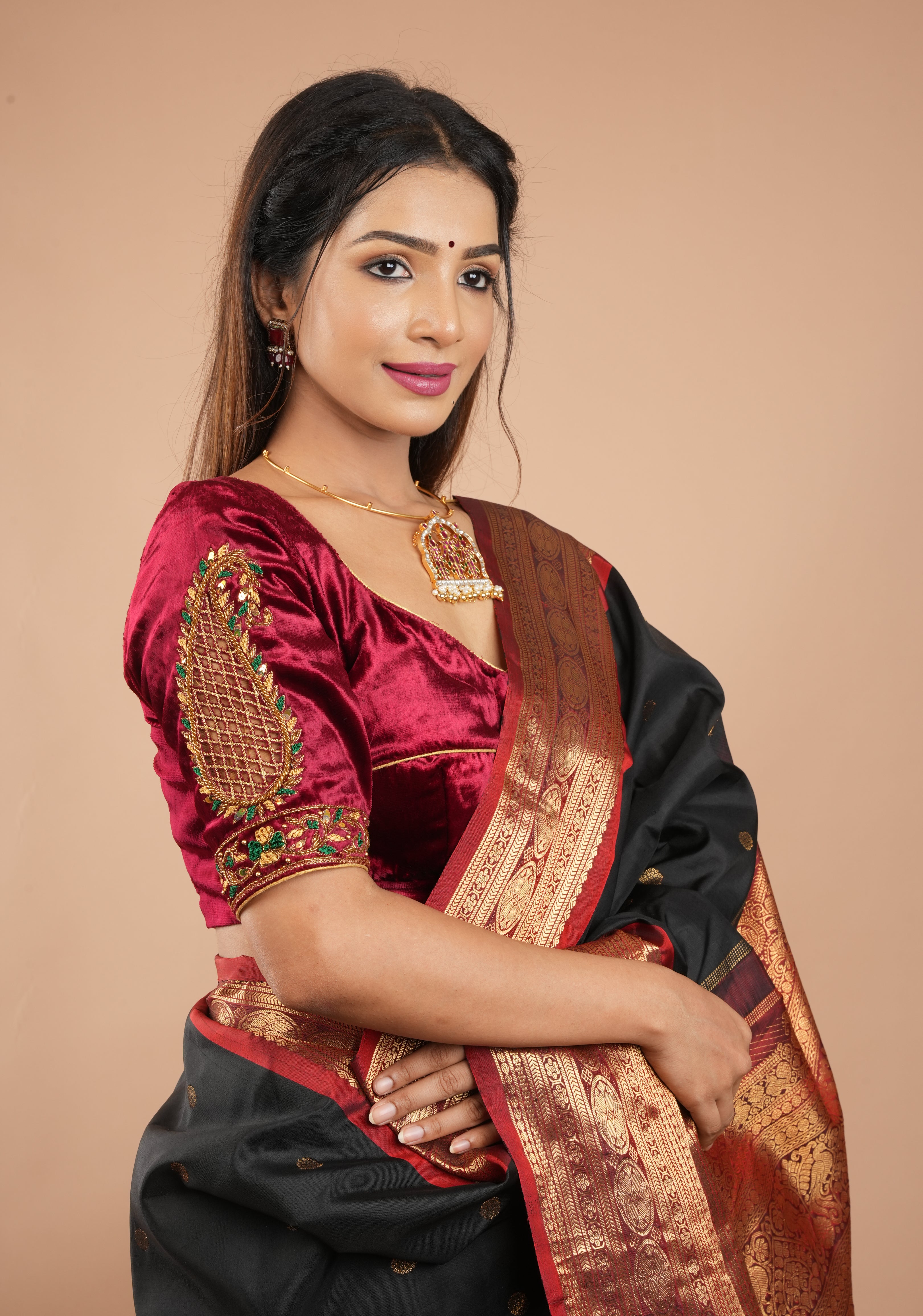 Exquisite Maroon Velvet Blouse with Handmade Cutwork and Zardosi and Meenakari, Customizable, Made to Order
