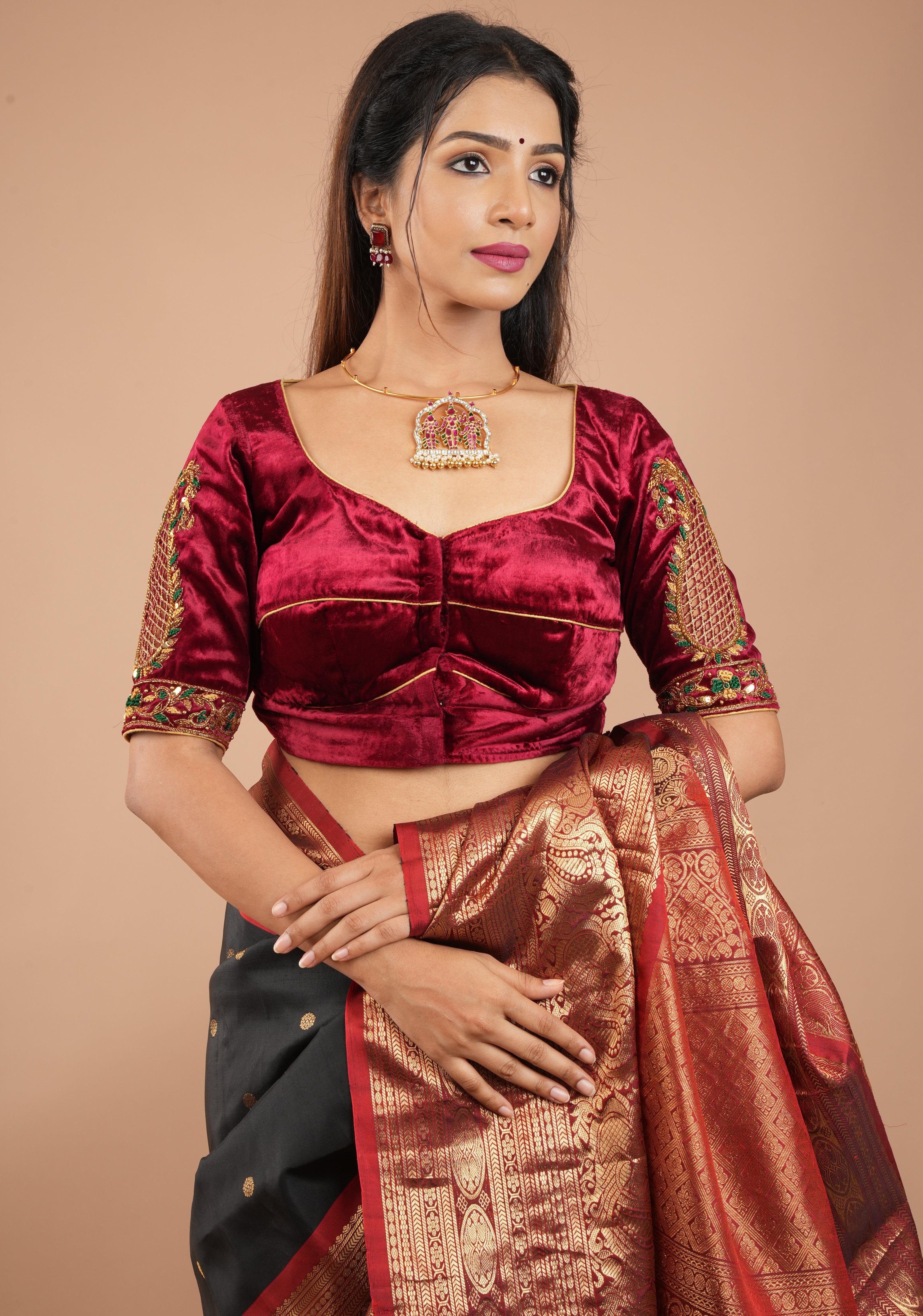 Exquisite Maroon Velvet Blouse with Handmade Cutwork and Zardosi and Meenakari, Customizable, Made to Order