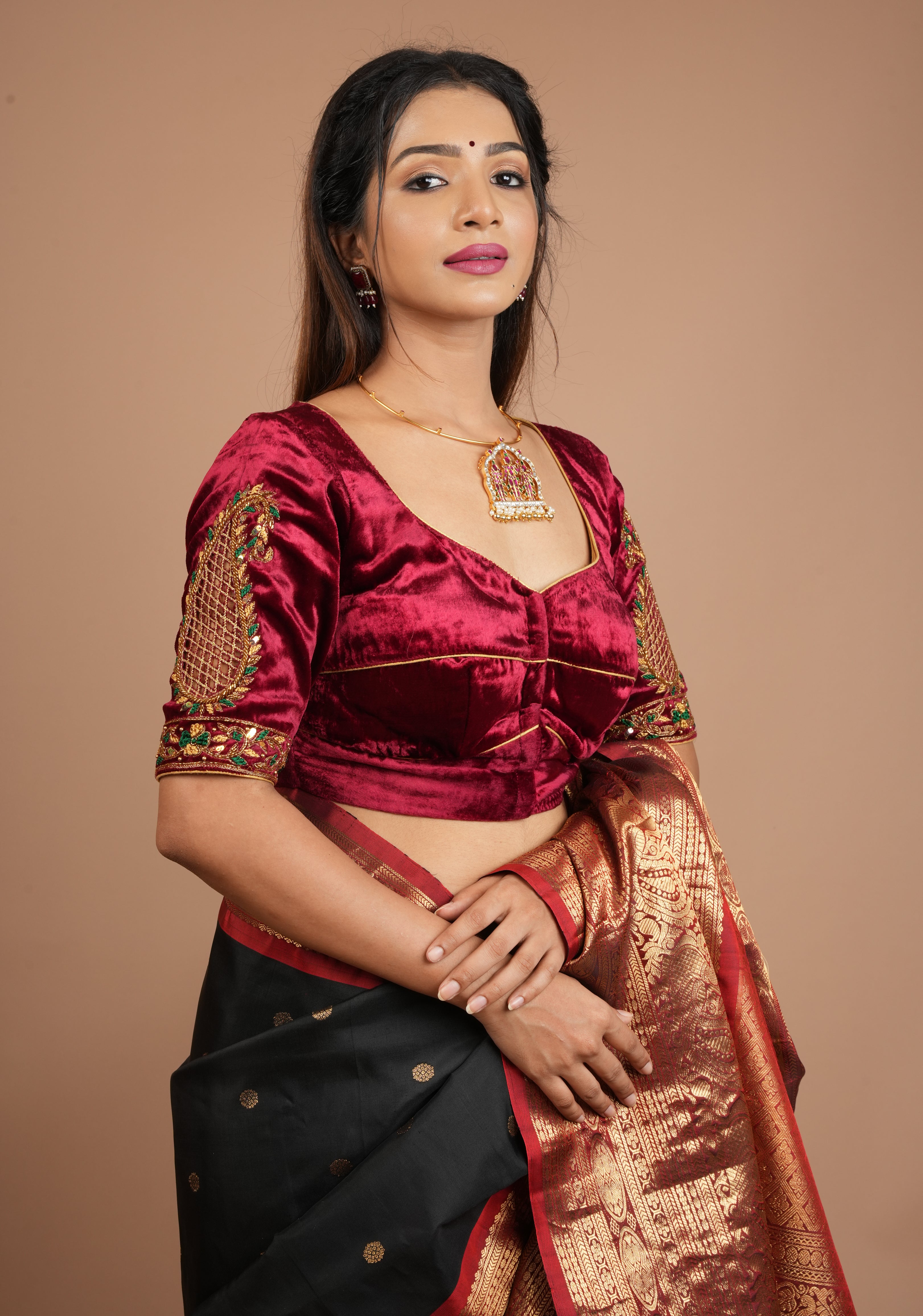 Exquisite Maroon Velvet Blouse with Handmade Cutwork and Zardosi and Meenakari, Customizable, Made to Order