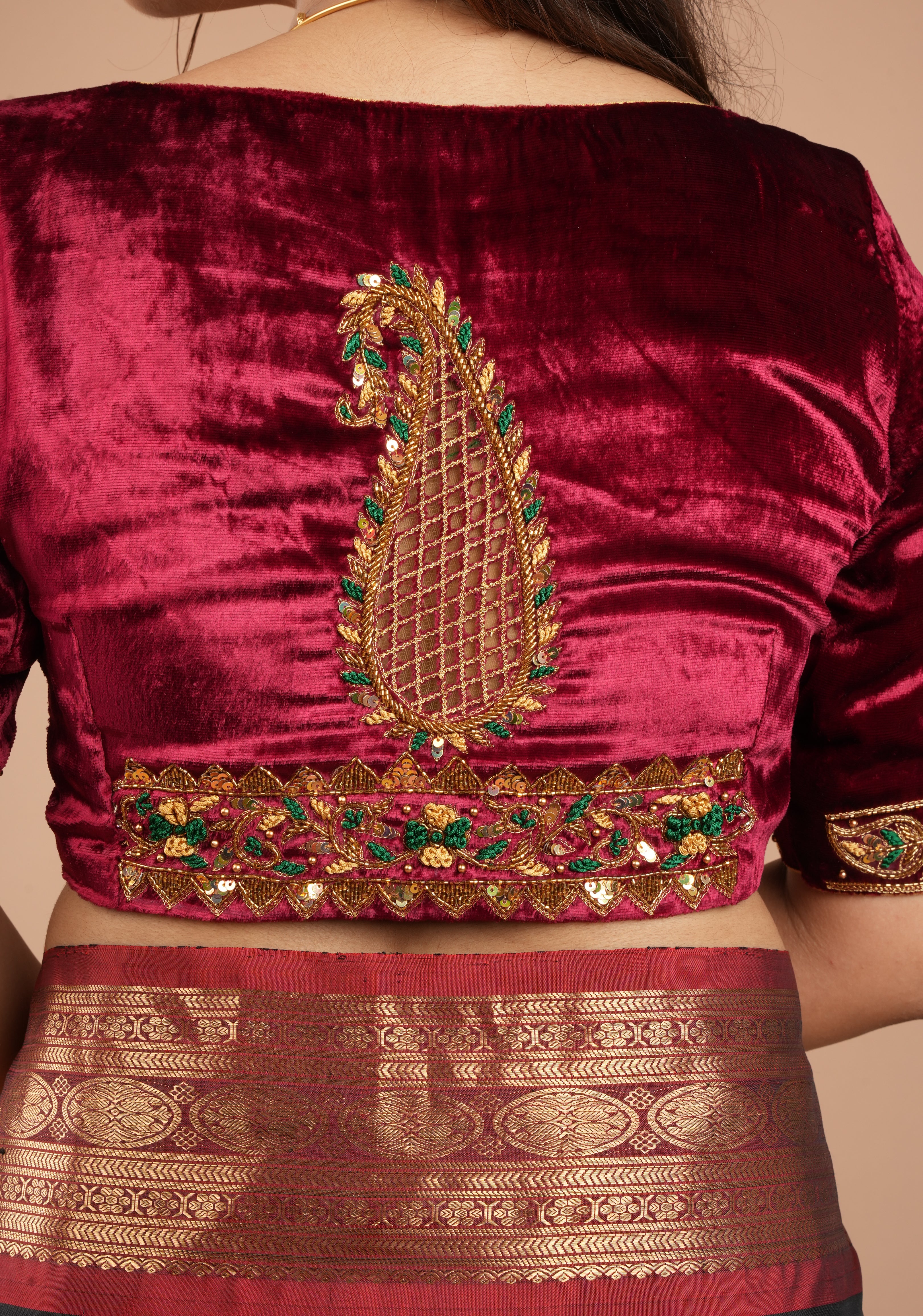 Exquisite Maroon Velvet Blouse with Handmade Cutwork and Zardosi and Meenakari, Customizable, Made to Order