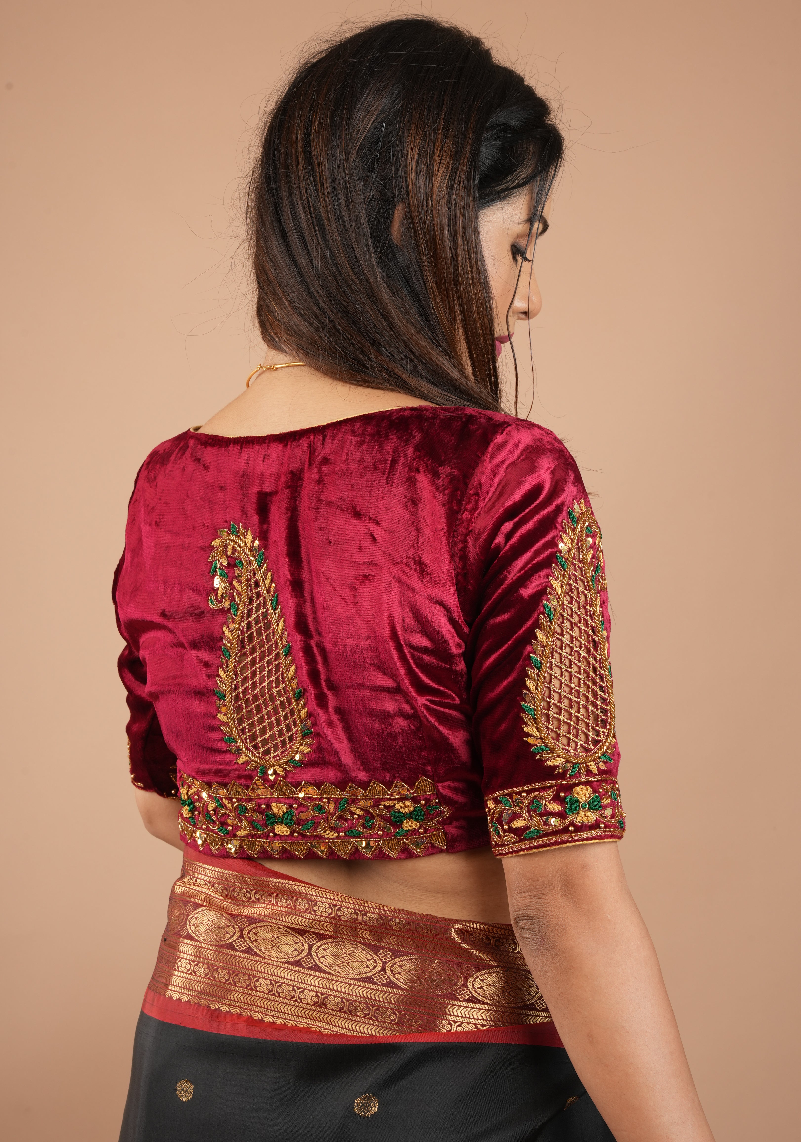 Exquisite Maroon Velvet Blouse with Handmade Cutwork and Zardosi and Meenakari, Customizable, Made to Order