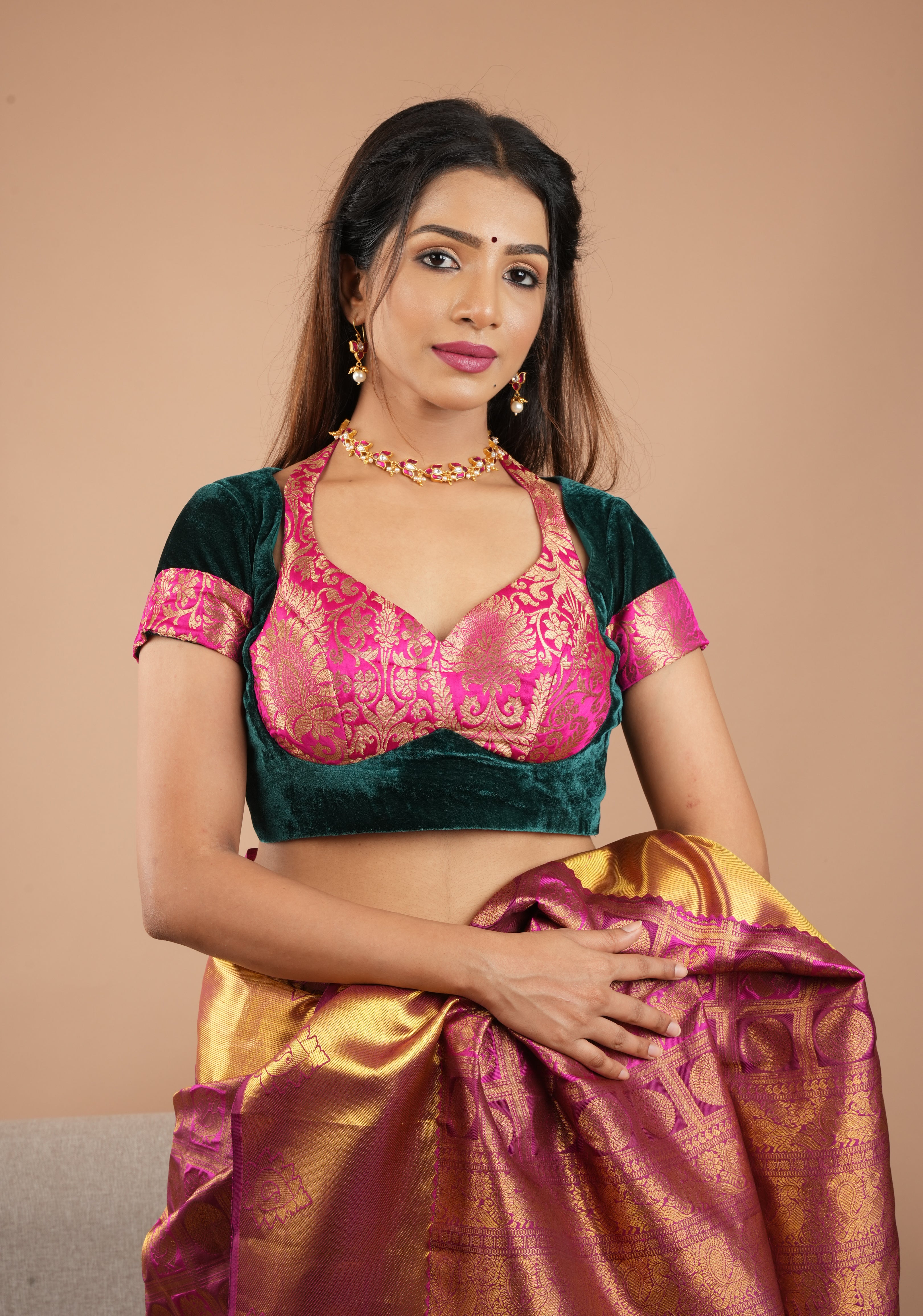 Green Pink Halter and Bustier Layered Look Blouse in Velvet and Banarasi Brocade, Customizable, Made to Order