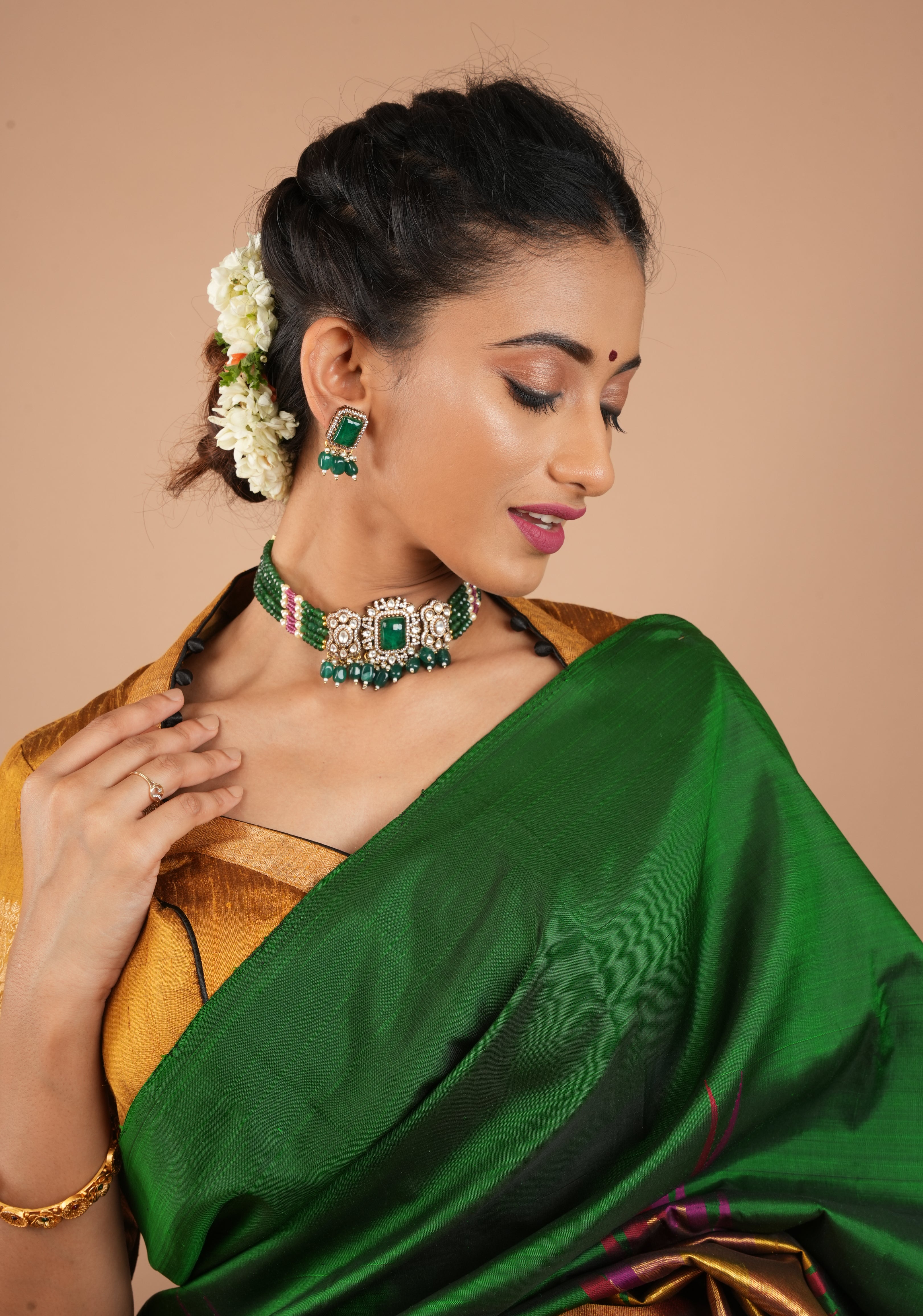 Multilayer Emerald Green Beads kundan Choker set with dangling Green Beads| Shobitam Jewelry