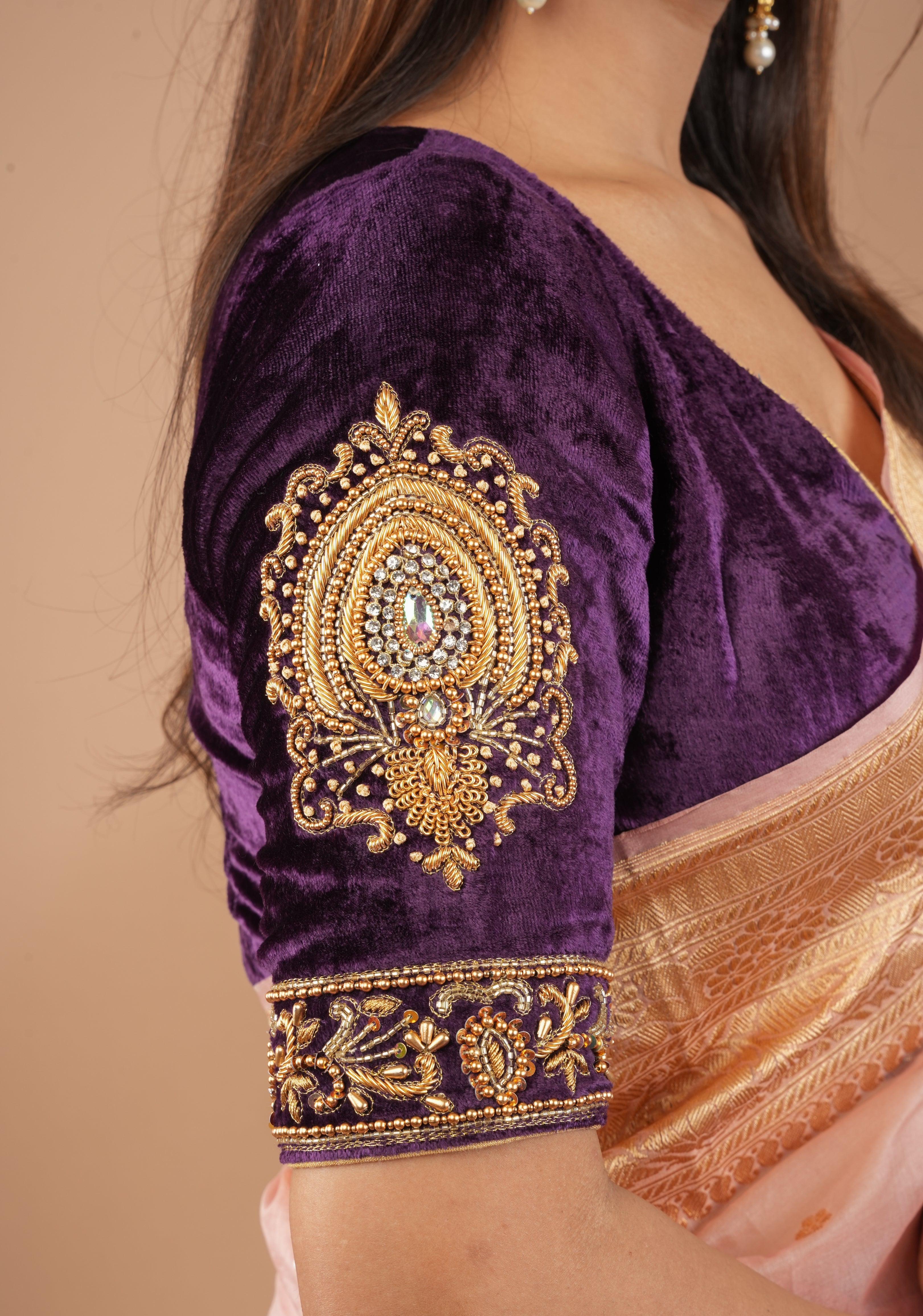 Purple Velvet Blouse with Stone and Zardosi detailing on sleeves and waist front, Customizable, Made to Order