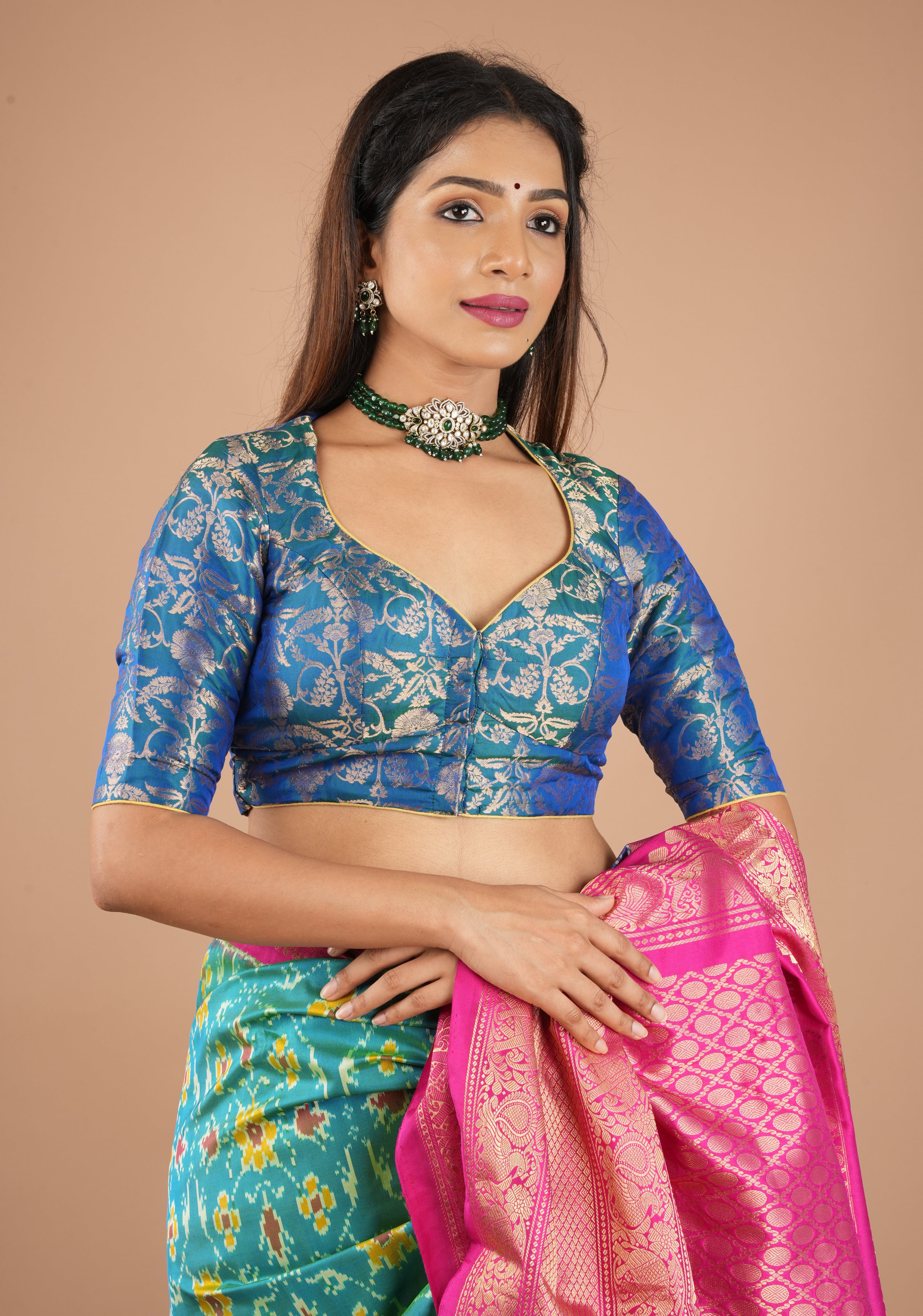 Peacock Blue Green Banarasi Pure Silk Brocade Blouse,customizable, made-to-order