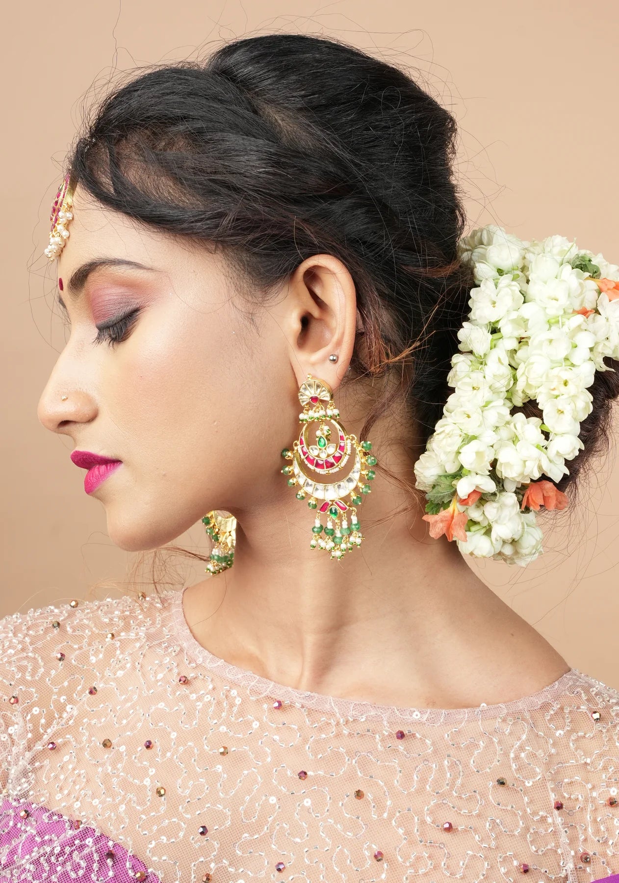 Chandbali Earrings with Red, White and Green Stones embedded in Jadau technique and dangling beads