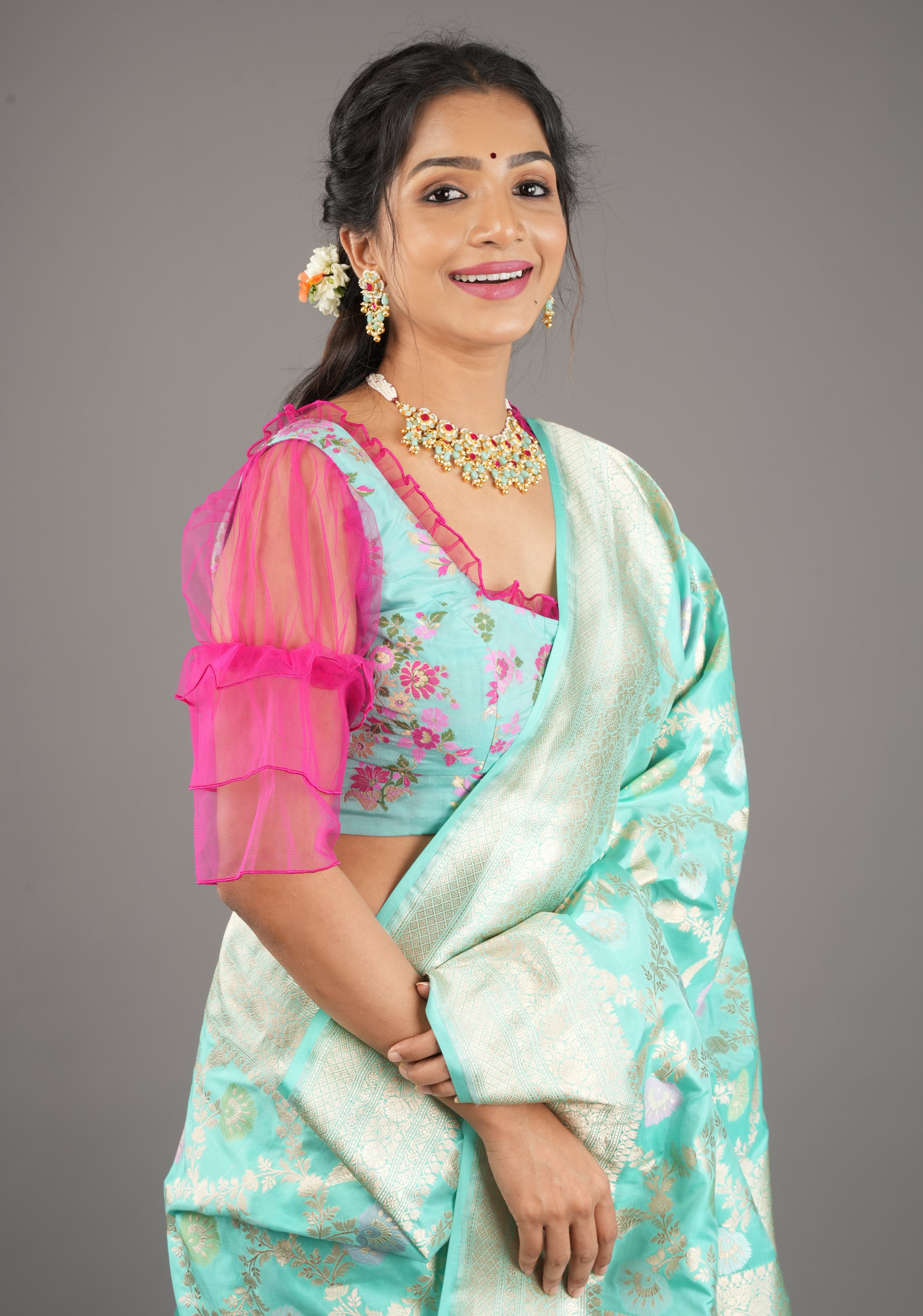 Mint Green Banarasi Meenakari Blouse with Fuchsia Net layered Puff Sleeves,customizable, made-to-order