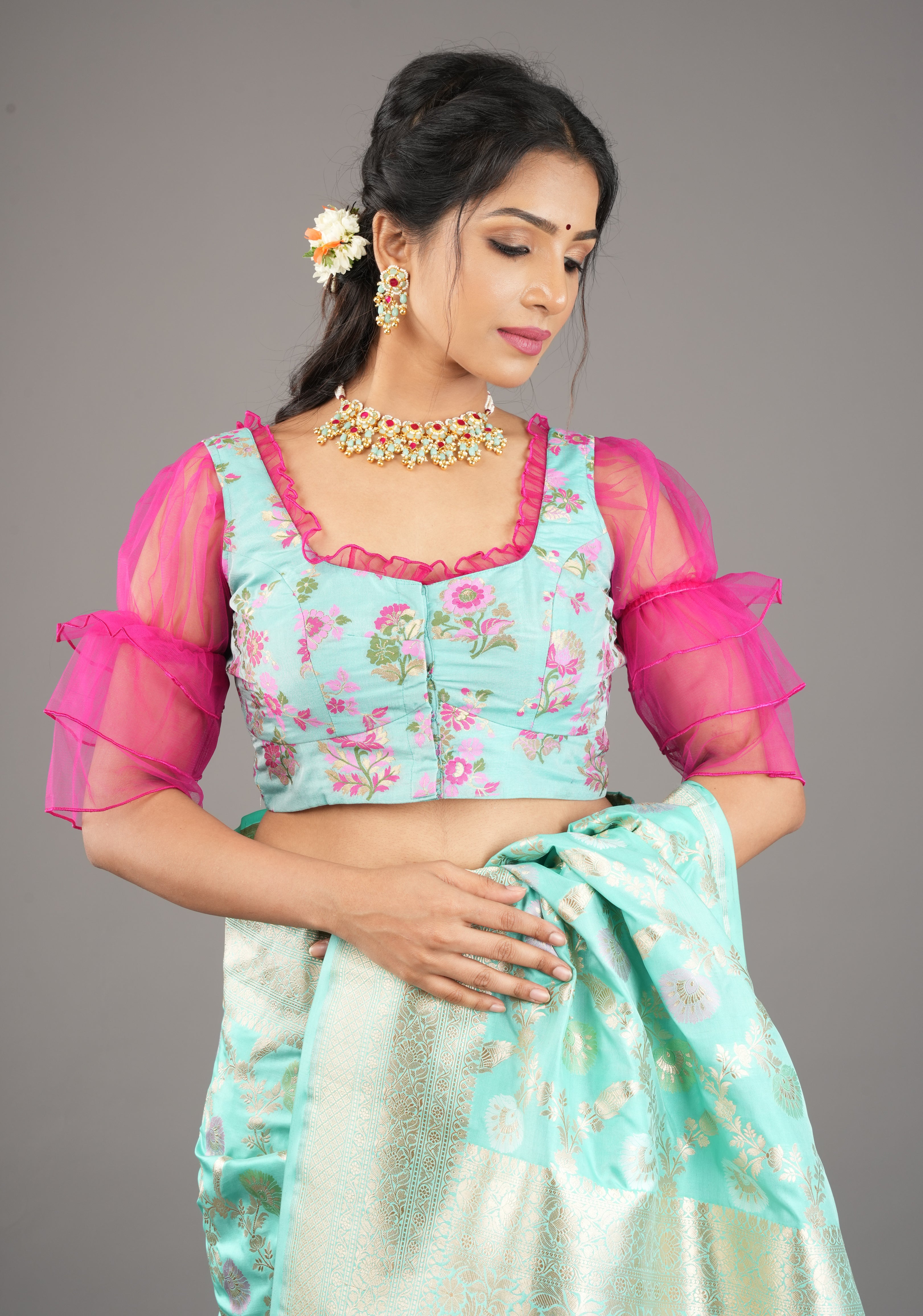 Mint Green Banarasi Meenakari Blouse with Fuchsia Net layered Puff Sleeves,customizable, made-to-order