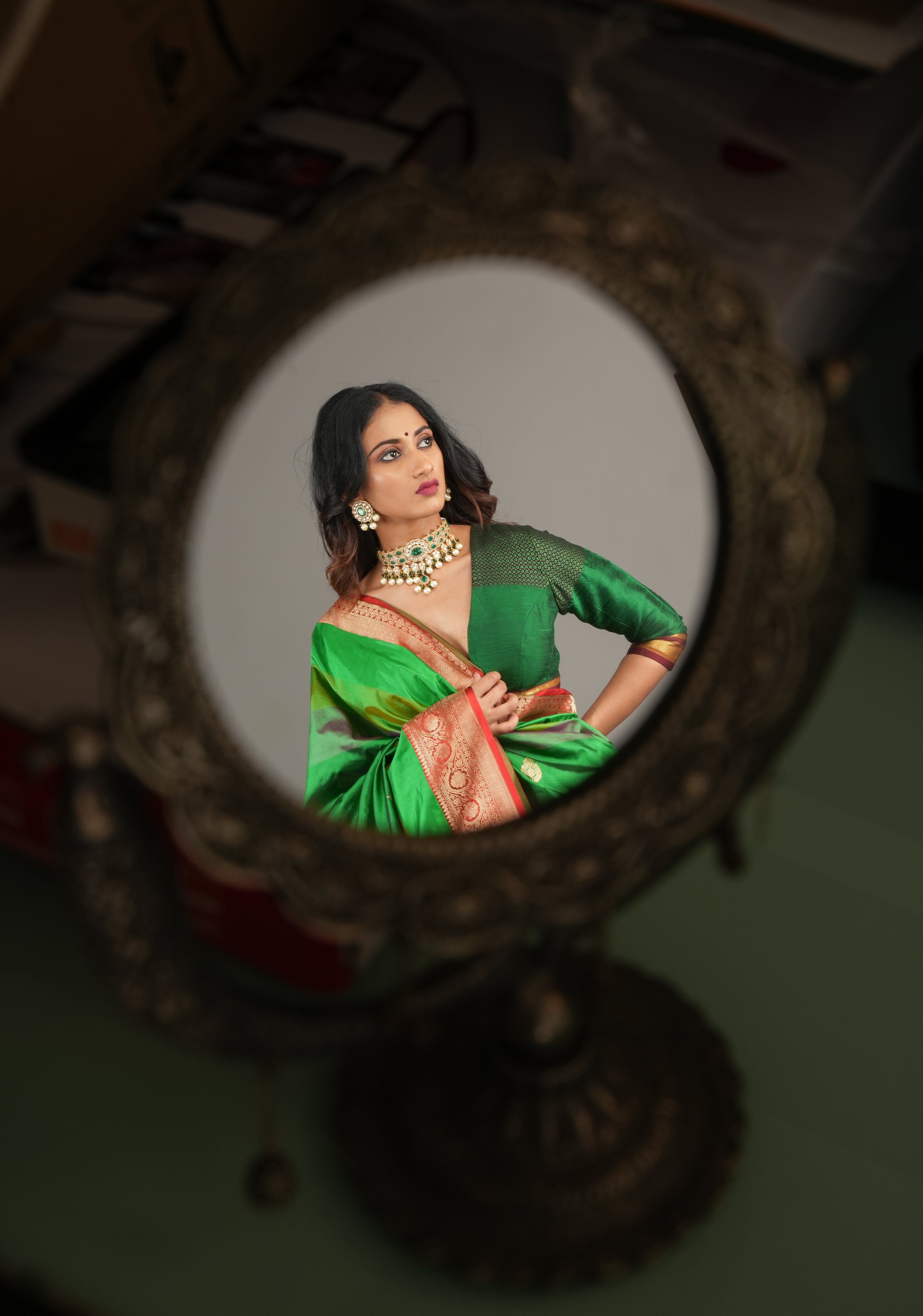 Emerald Green Pure Raw Silk Blouse with Plunge Neck and Khun detailing, Customizable, made to order