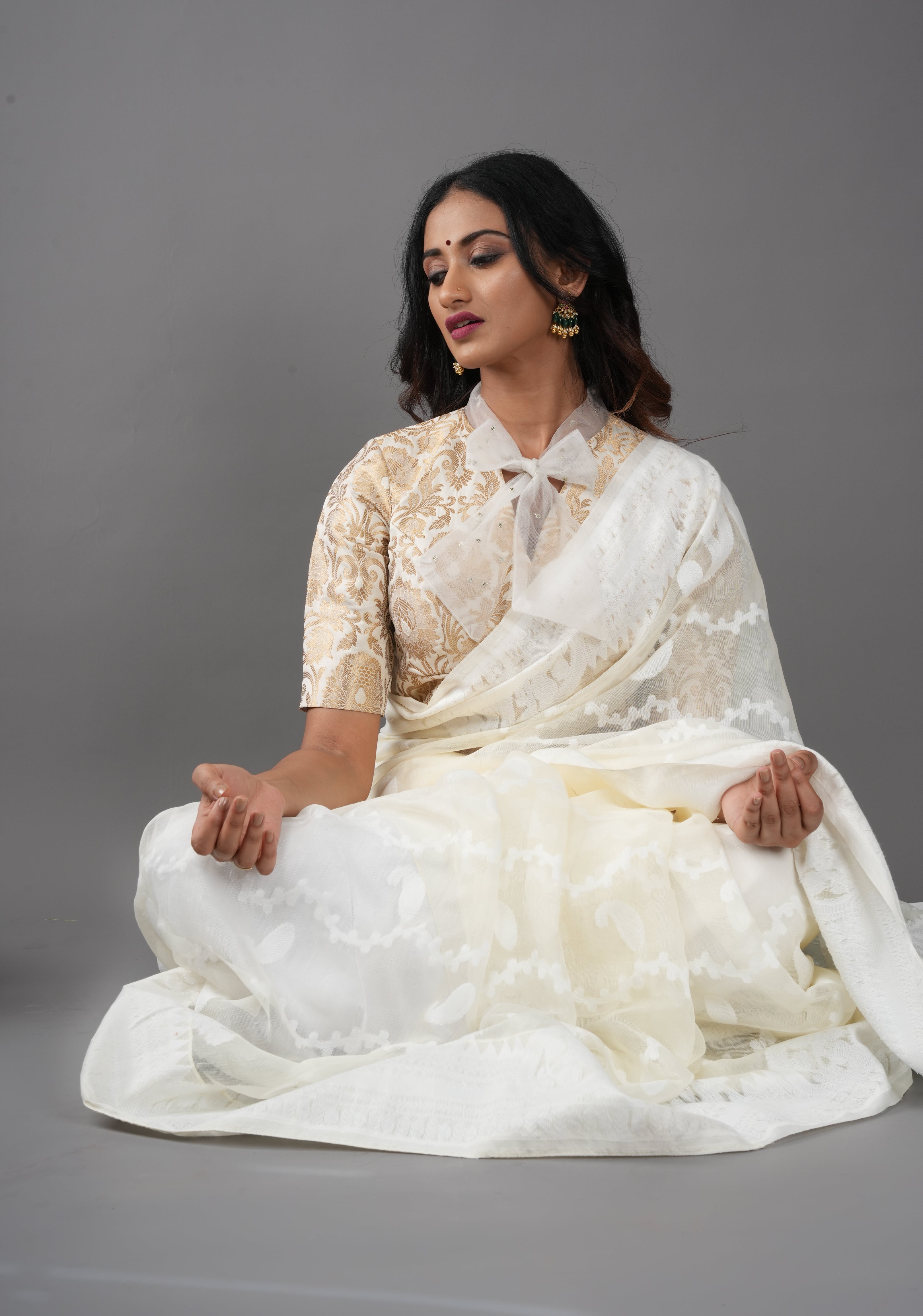 Off White Banarasi Brocade Blouse with Tie Neck, Customizable, Made to Order
