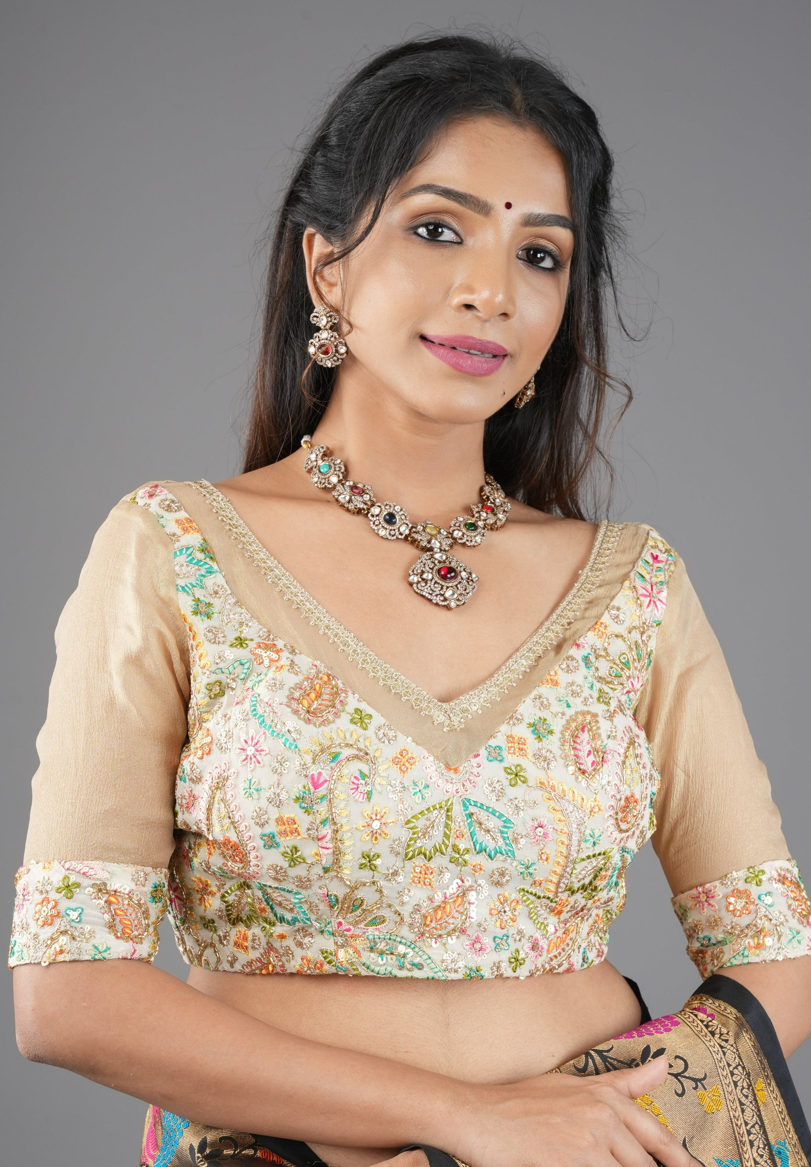 Cream Georgette Embroidered Blouse sequin cutdana and pure  Tissue Chiffon detailing, Customizable, Made To Order