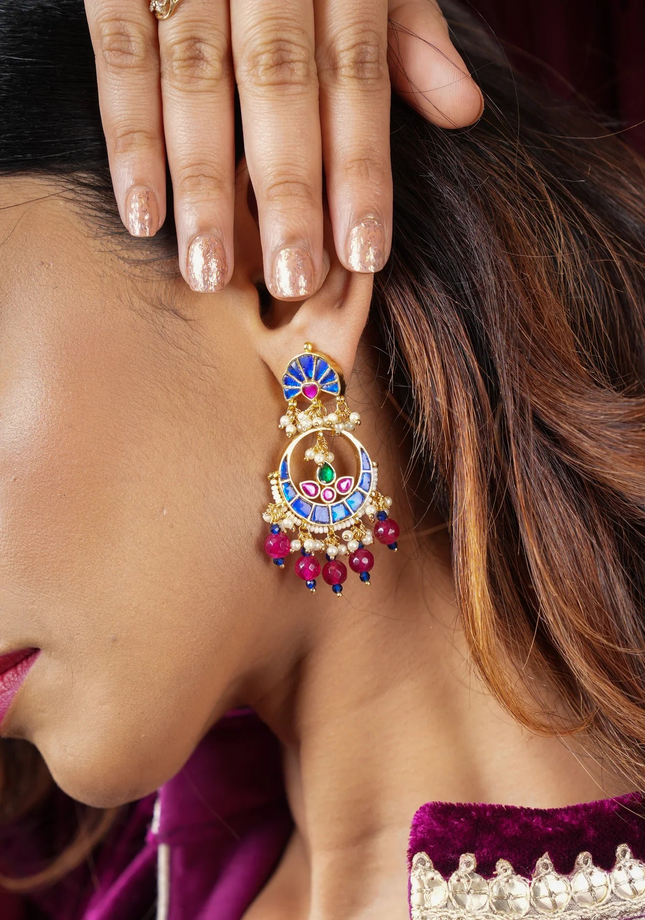 2.2" Unique Blue Stone Jadau Chandbali Earrings with Pink Fuchsia Stones