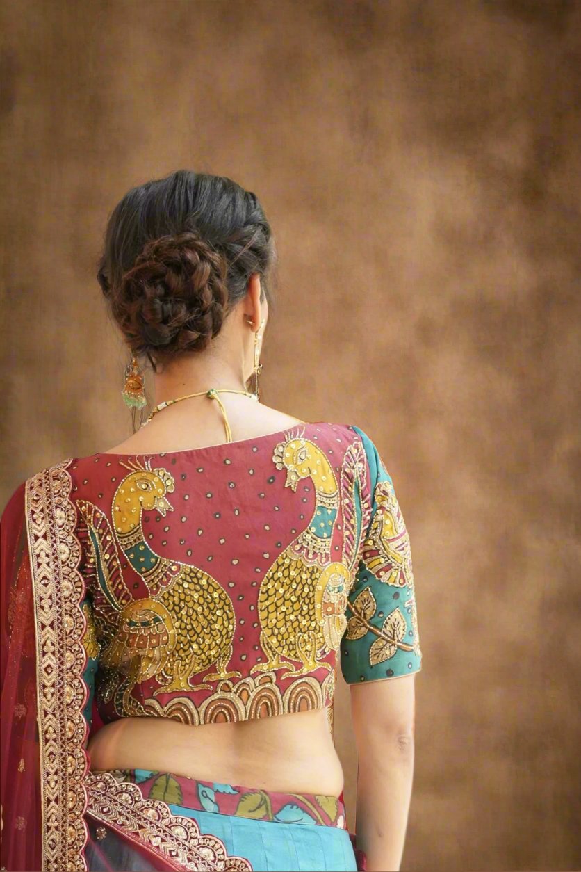 Pen Kalamkari And Cutdana Handwork Blouse in Blue and Red, Made to Order