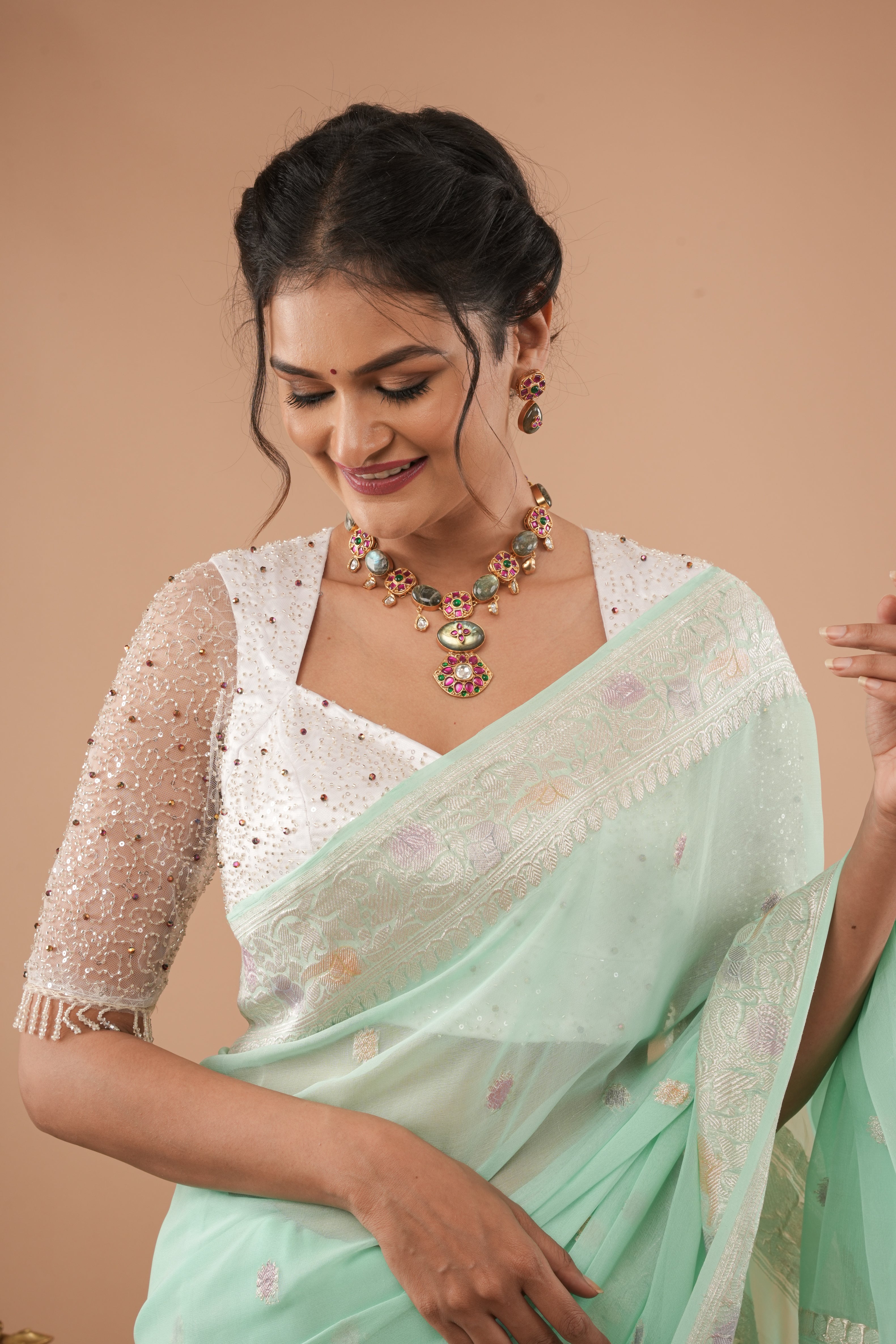 White Blouse with Beaded Detailing and Sheer Sleeves, Customizable, Made to Order