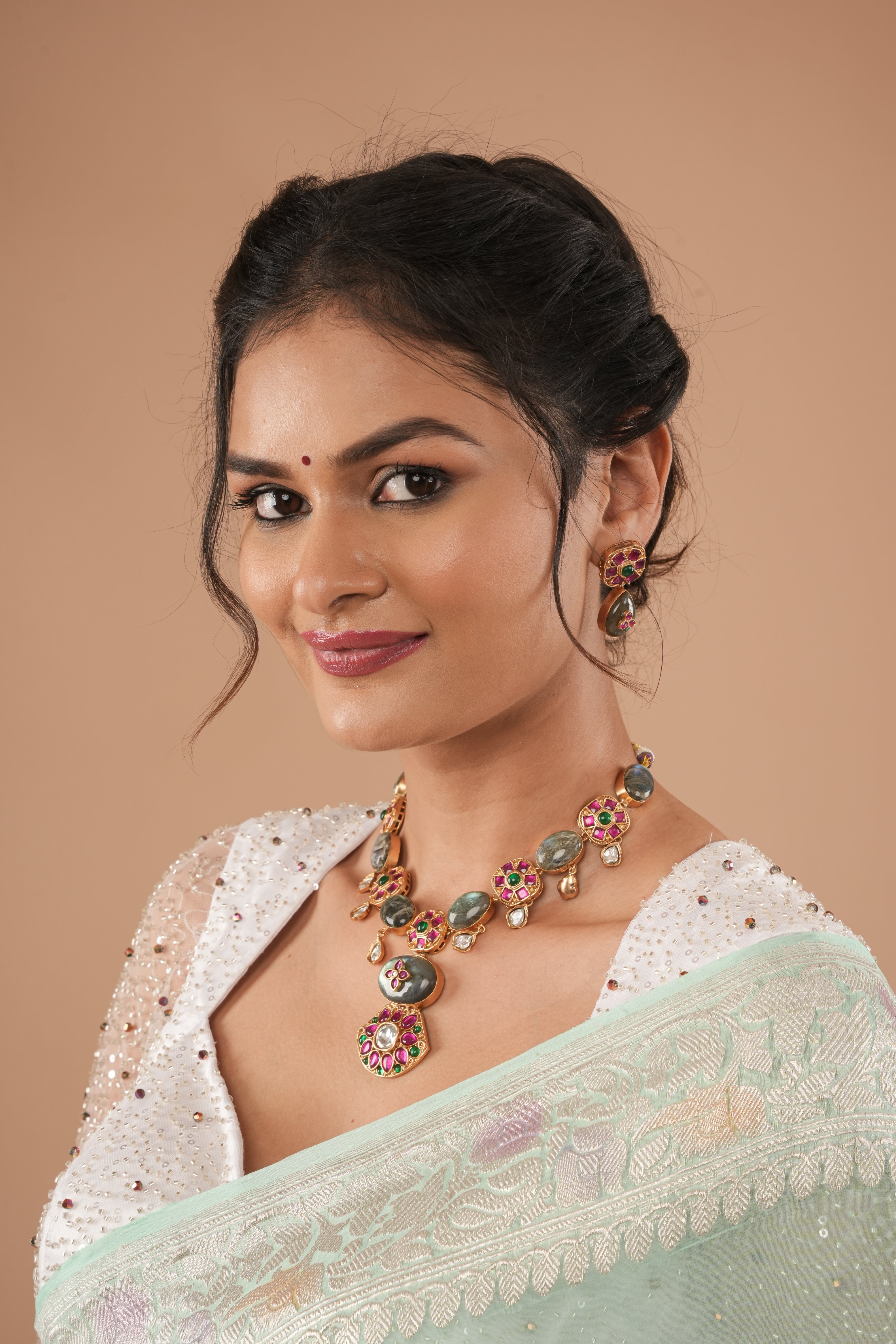 White Blouse with Beaded Detailing and Sheer Sleeves, Customizable, Made to Order