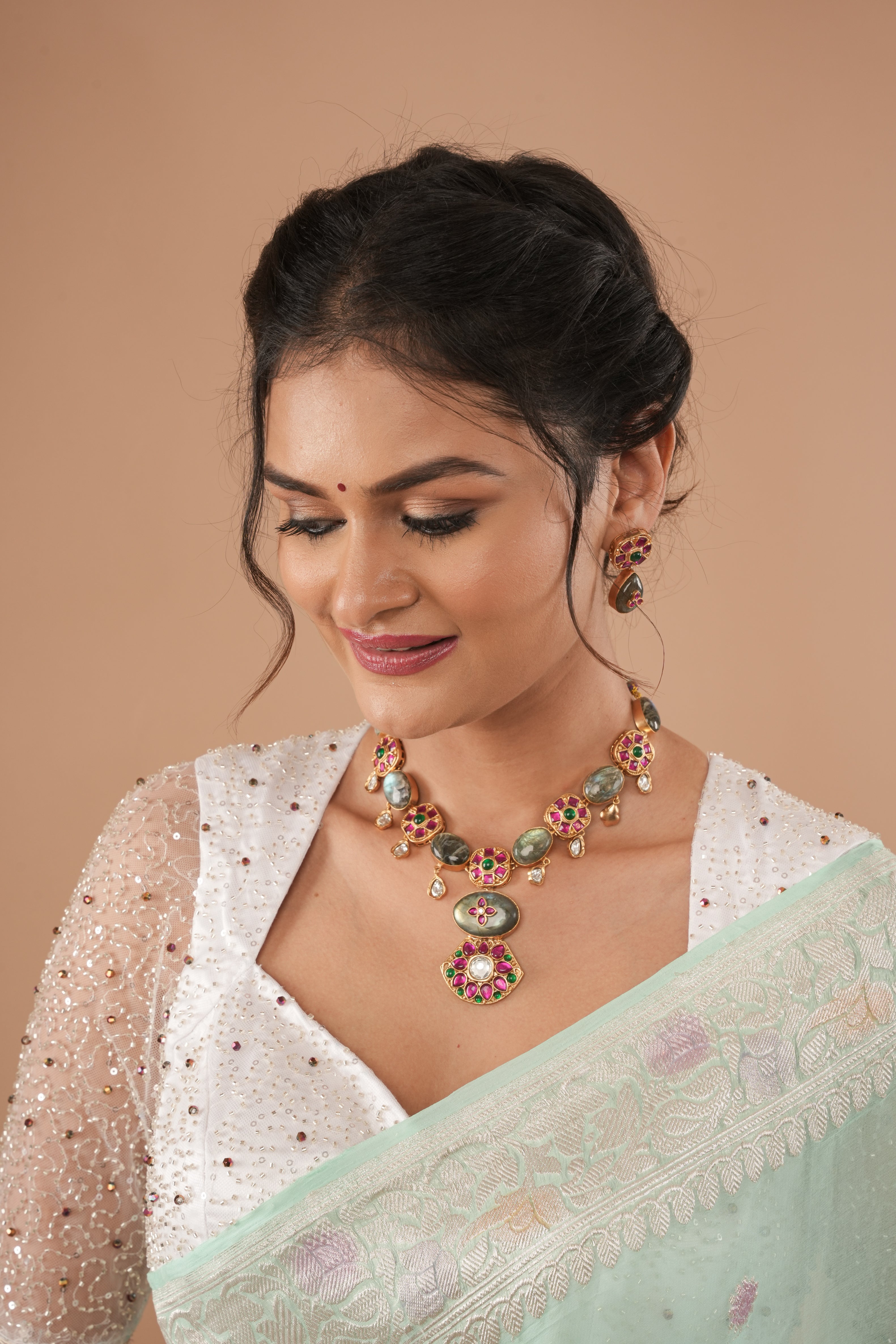 White Blouse with Beaded Detailing and Sheer Sleeves, Customizable, Made to Order