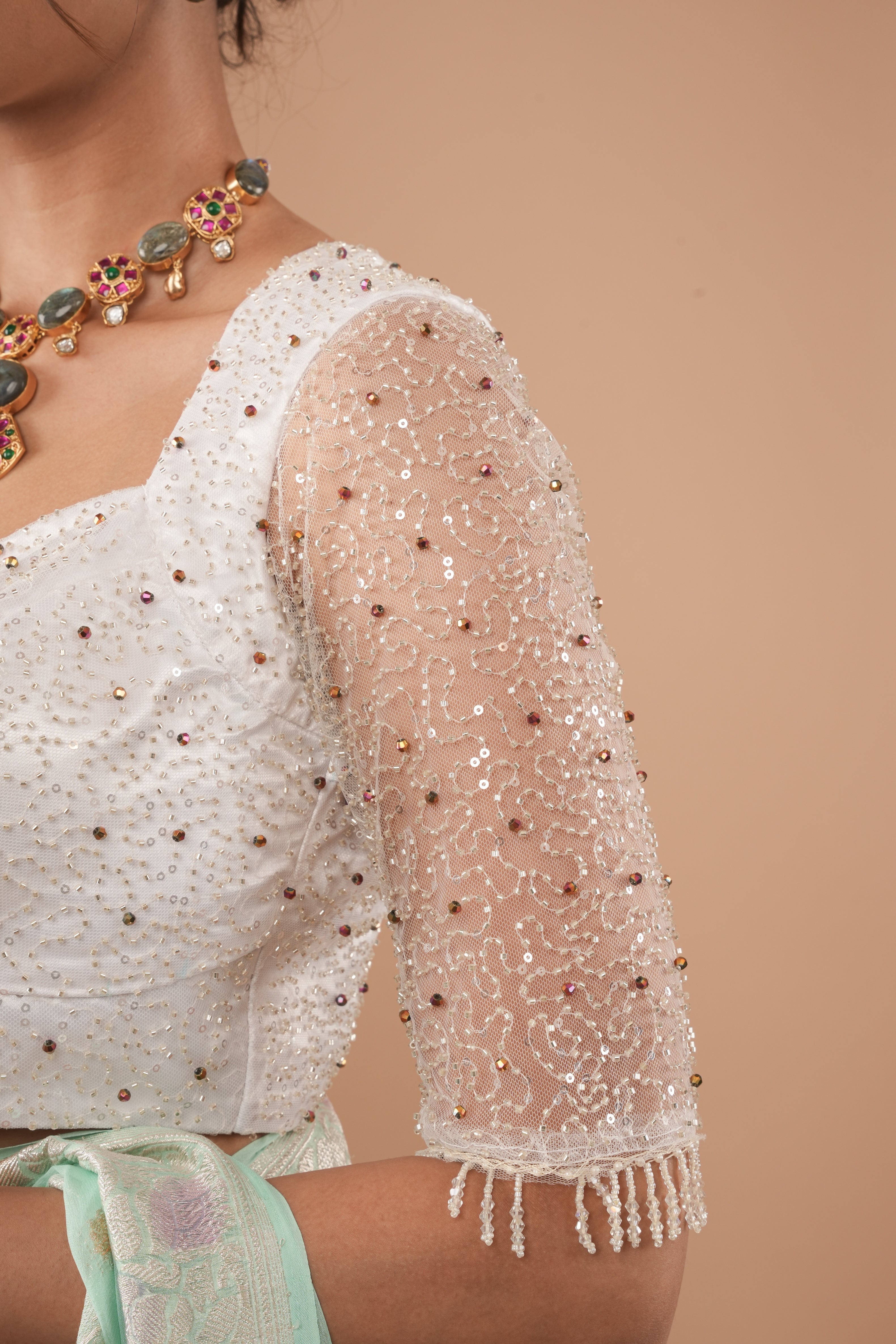 White Blouse with Beaded Detailing and Sheer Sleeves, Customizable, Made to Order