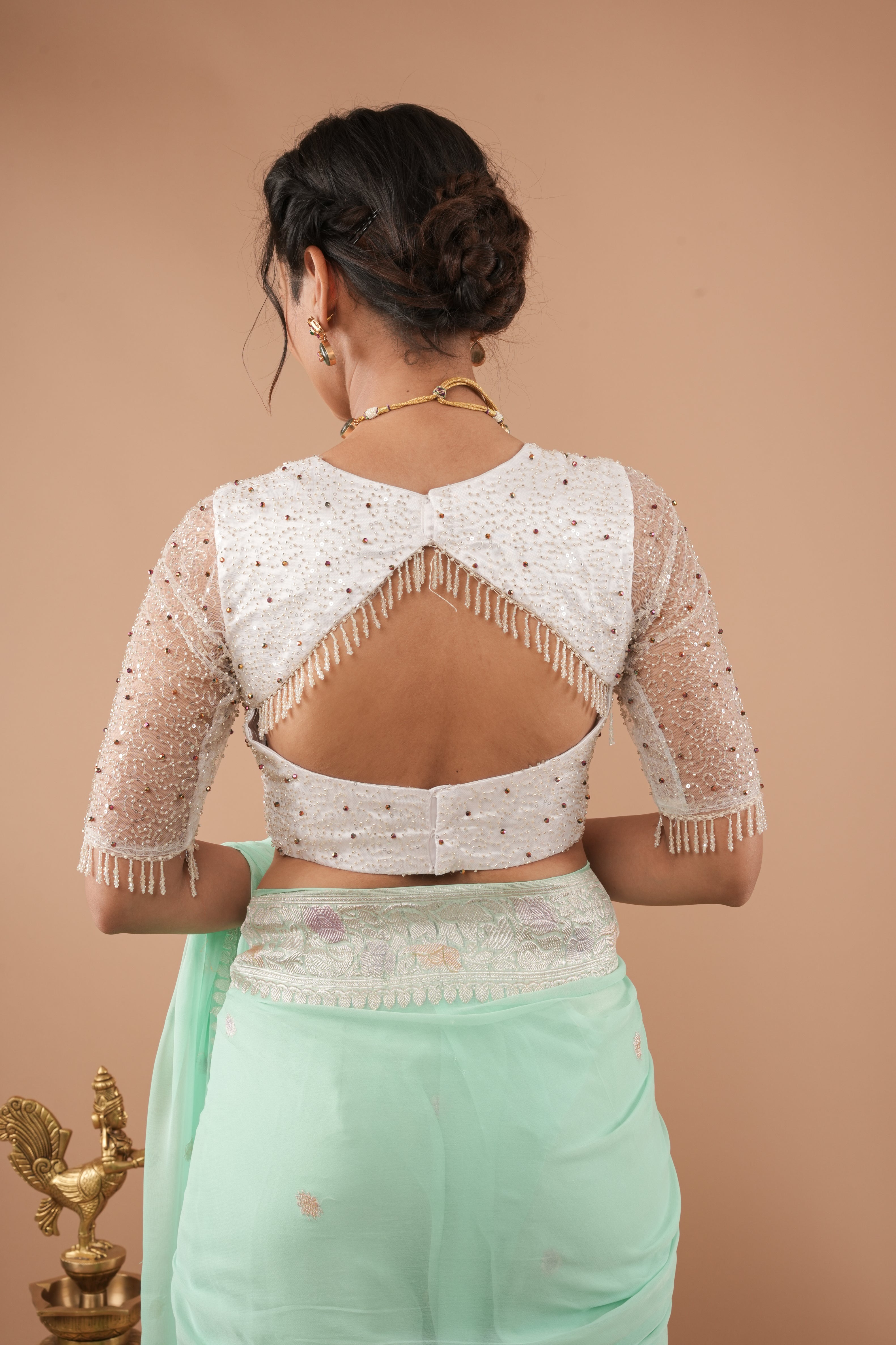 White Blouse with Beaded Detailing and Sheer Sleeves, Customizable, Made to Order